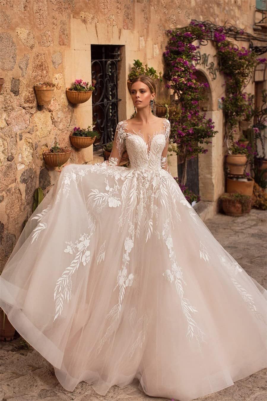 Lace Long Sleeve Wedding Dresses with Pockets A-Line Ruffles Tulle Long Lace Bridal Gowns with Long Train HS04