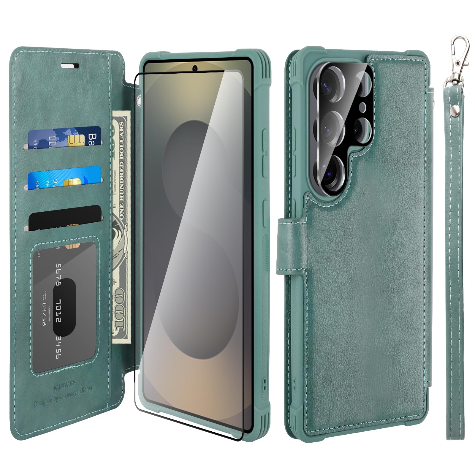 VANAVAGY Wallet Case for Galaxy S25 Ultra with RFID Blocking Card Holder, Folio Flip Leather Magnetic Phone Cover with Wrist Strap for Wireless