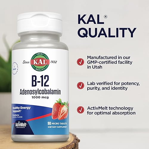 Miniatura 4 de KAL Vitamina B12 1000 mcg de adenosilcobalamina ActivMelt, suplementos energéticos B12, metabolismo, nervios y glóbulos rojos, alta absorción,