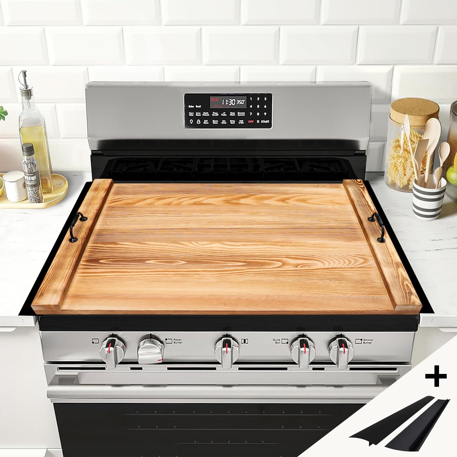 Noodle Board Stove Cover with Handle, 29.5x22 inches Solid Pine Wood Stovetop Cover, Wooden Gas Stove Cover, Farmhouse Rustic Kitchen Decorative Tray, Includes 2-Pack Silicone Stovetop Gap Cover