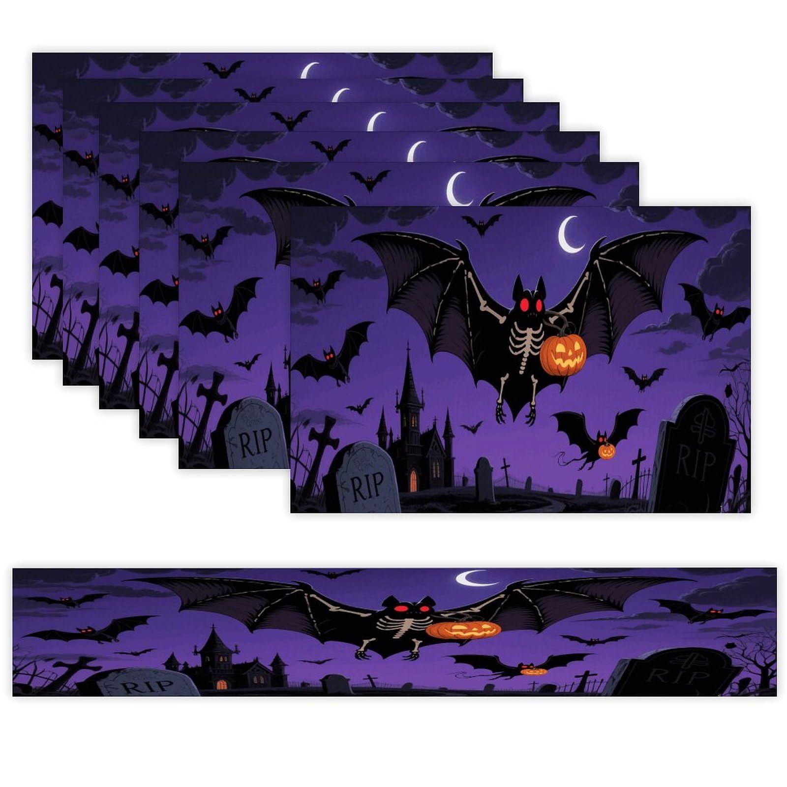 Halloween Flying Bats Table Runner and Placemats Set of 7 Linen Table Mat Non-Slip Place Mats Washable Placemat Heat Resistant Place Mat with Table Runner for Party Dining Decor
