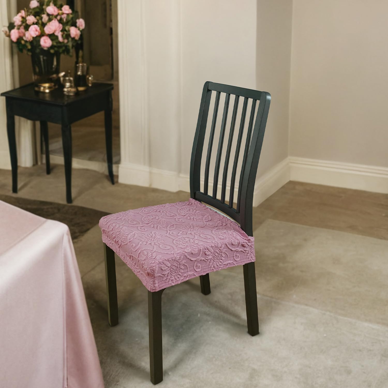 Dining Chair Seat Covers (Pink, Set of 2), Durable Thick Elastic Slip Covers with Embossed Jacquard Design, Stretch Seat Protectors, Machine Washable for Dining Room or Kitchen Chairs