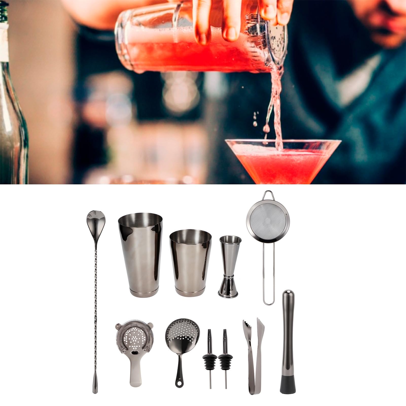 Juego de coctelera de 11 Piezas, Kit de Barman con colador de cóctel, Accesorios de Bar de Acero Inoxidable para Fiesta en casa, Herramientas de Mezcla Profesionales para mojitos (Gris plomizo)