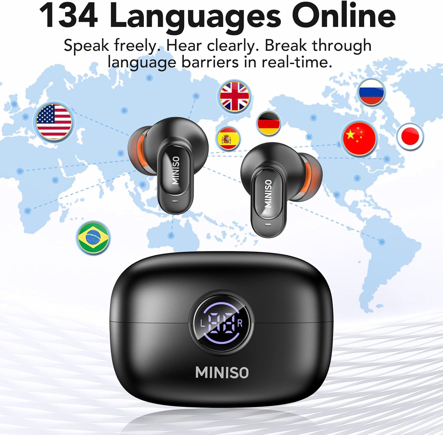 MINISO MS105 AI Translation Earbuds Real Time, Translator Earbuds Support 134 Languages with APP, Bluetooth 6.0 Translator Headphones Compatible with iOS & Android, for Travel Business