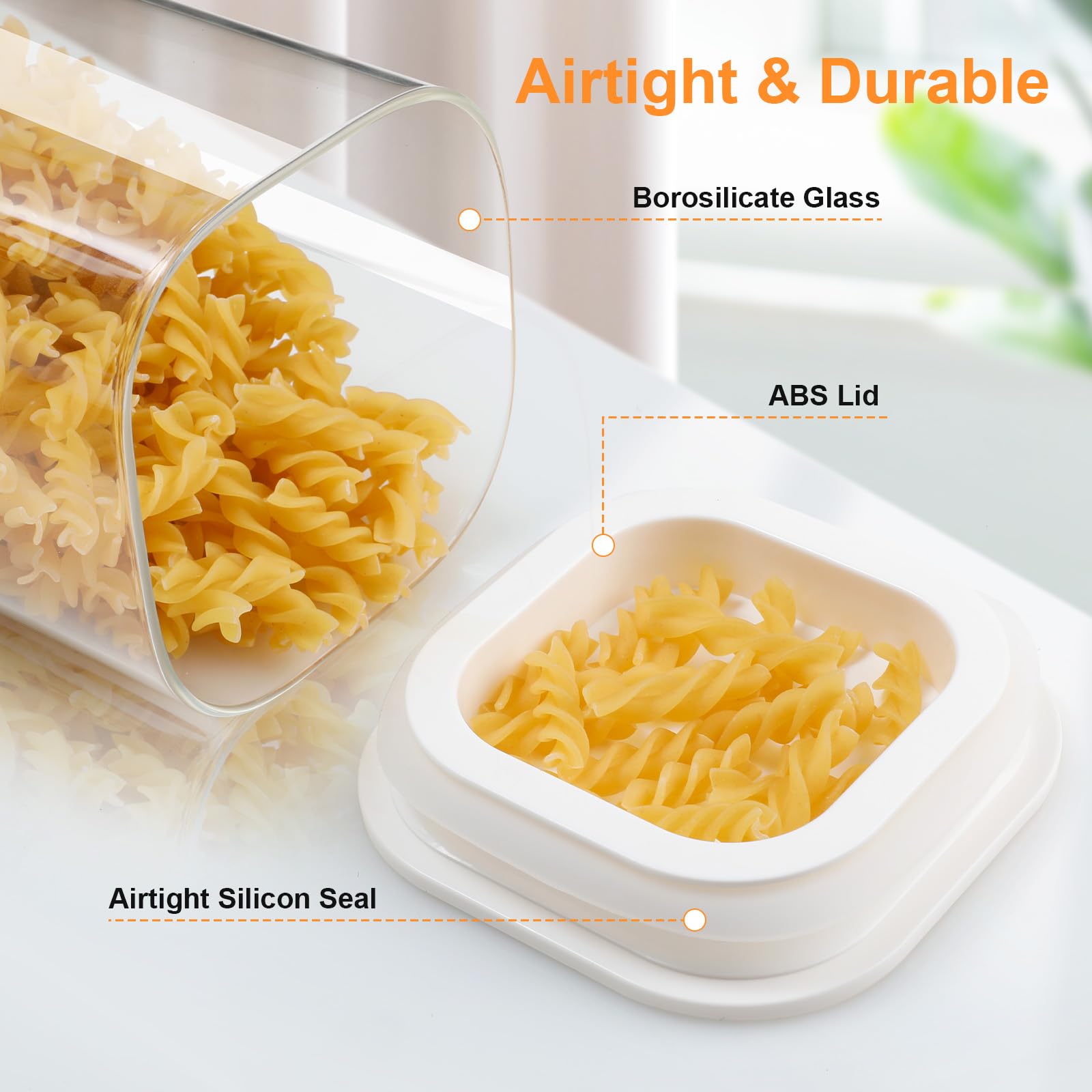 VINATO Set de 4 Botes de Cristal con Tapa (4 x 0,8L) – Tarros Herméticos Cuadrados para Harina, Especias, Cereales & Café, Almacenaje Cocina, Lavables en Lavavajillas