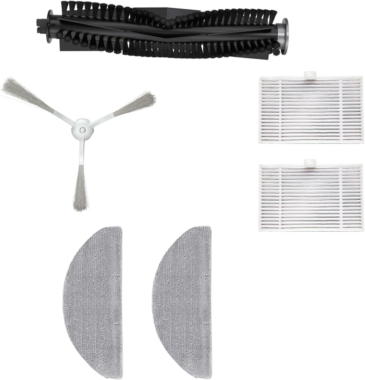 Image showing all replacement parts: one roller brush, two mop cloths, two filters, and one side brush.