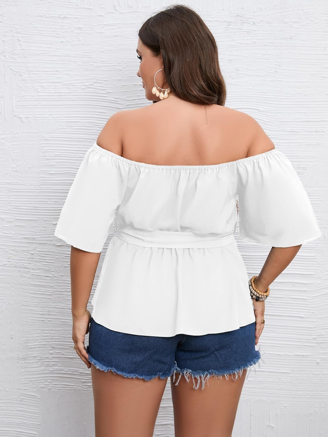 SCOMCHIC Women's Plus Size Off The Shoulder Peplum Blouse Top Half Bell Sleeve Tie Waist Ruffle Hem Babydoll Tops - Image 7