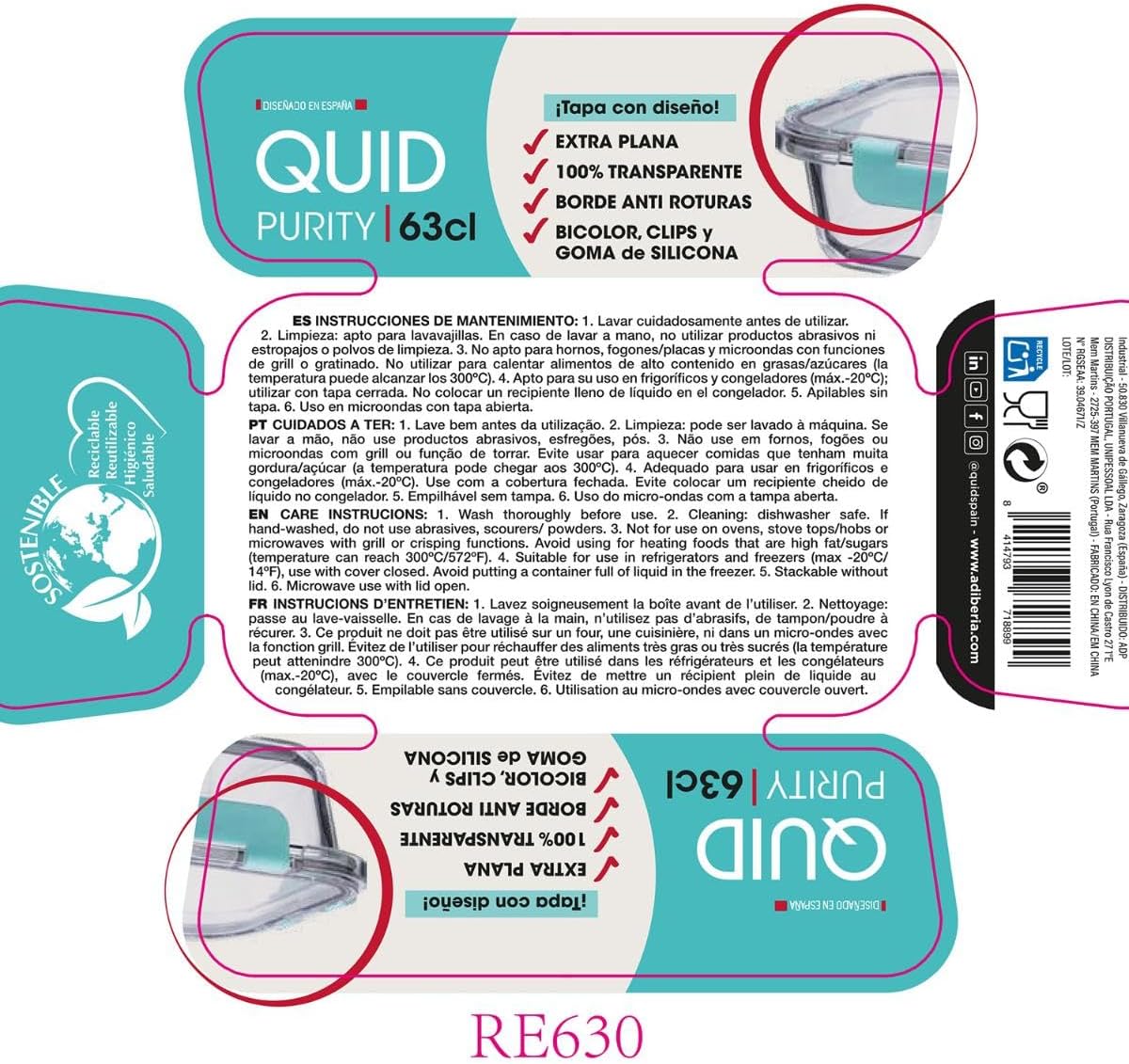Quid Purity Airtight Glass Container, 17.5 x 13.5 x 6.4 cm – 63cl Boron Suitable for Microwave, Recyclable Freezer