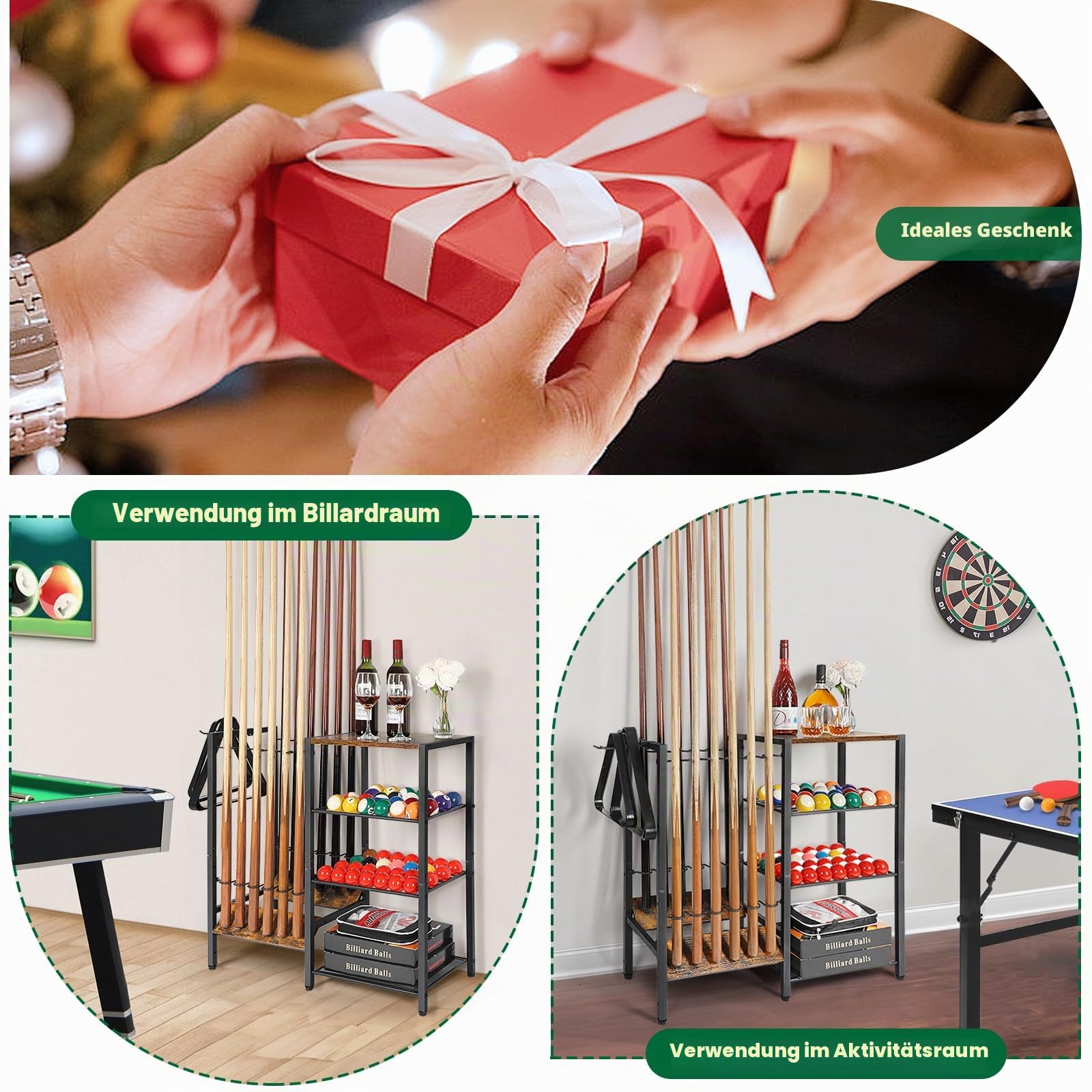 Bikoney Billard Queue Halter für 12 Stöcken, Ständer Poolqueues mit Ballaufbewahrung, Großer Organizer für Billardzubehör, Queue-Halter für Spielzimmer, Billard-Ausrüstungsständer