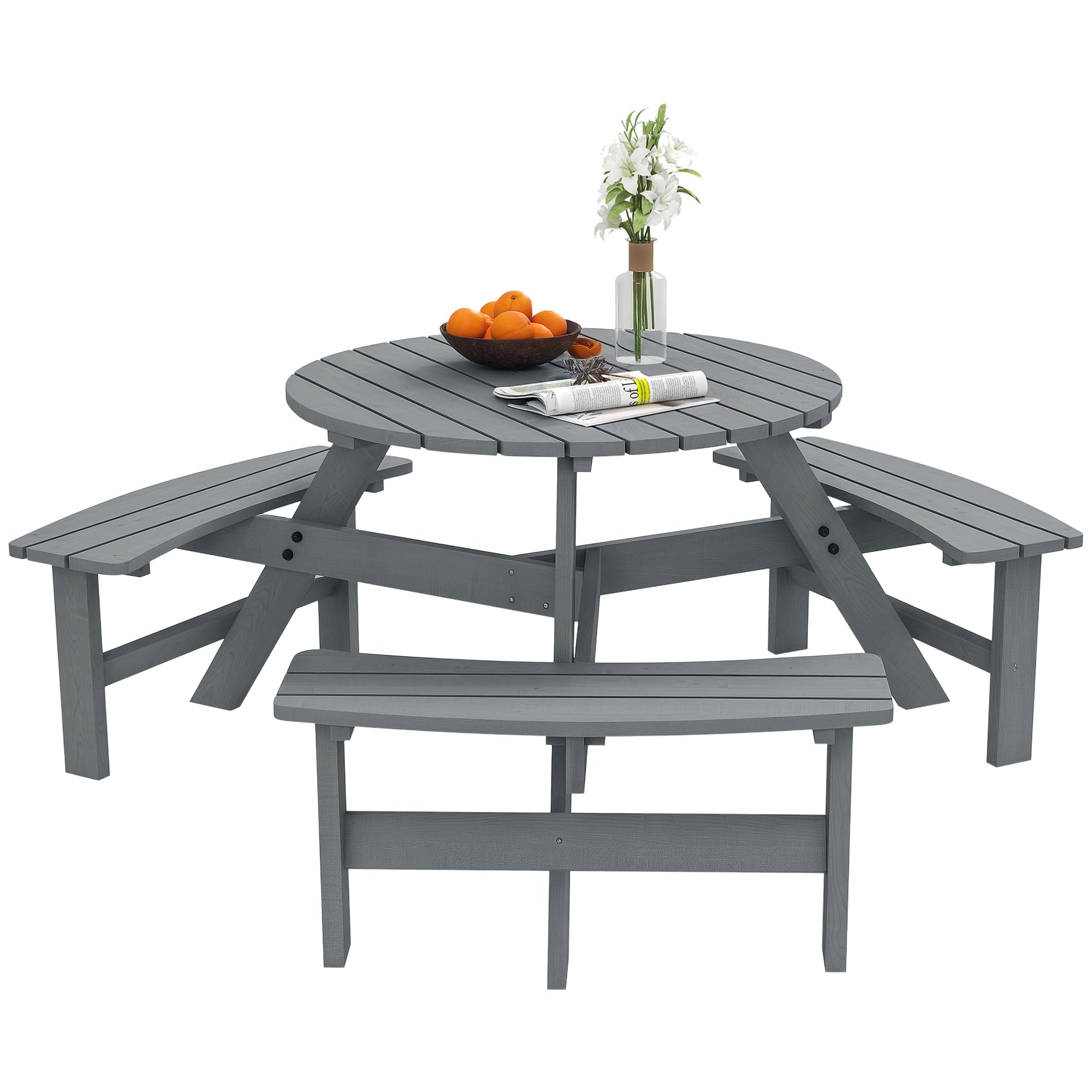 Outsunny Wooden Garden Dining Set, 6 Seater Round Dining Picnic Table with Matching Bench, Garden Furniture Set with Parasol Hole for Outdoor Patio Party and Family Gatherings, Grey โ image 1
