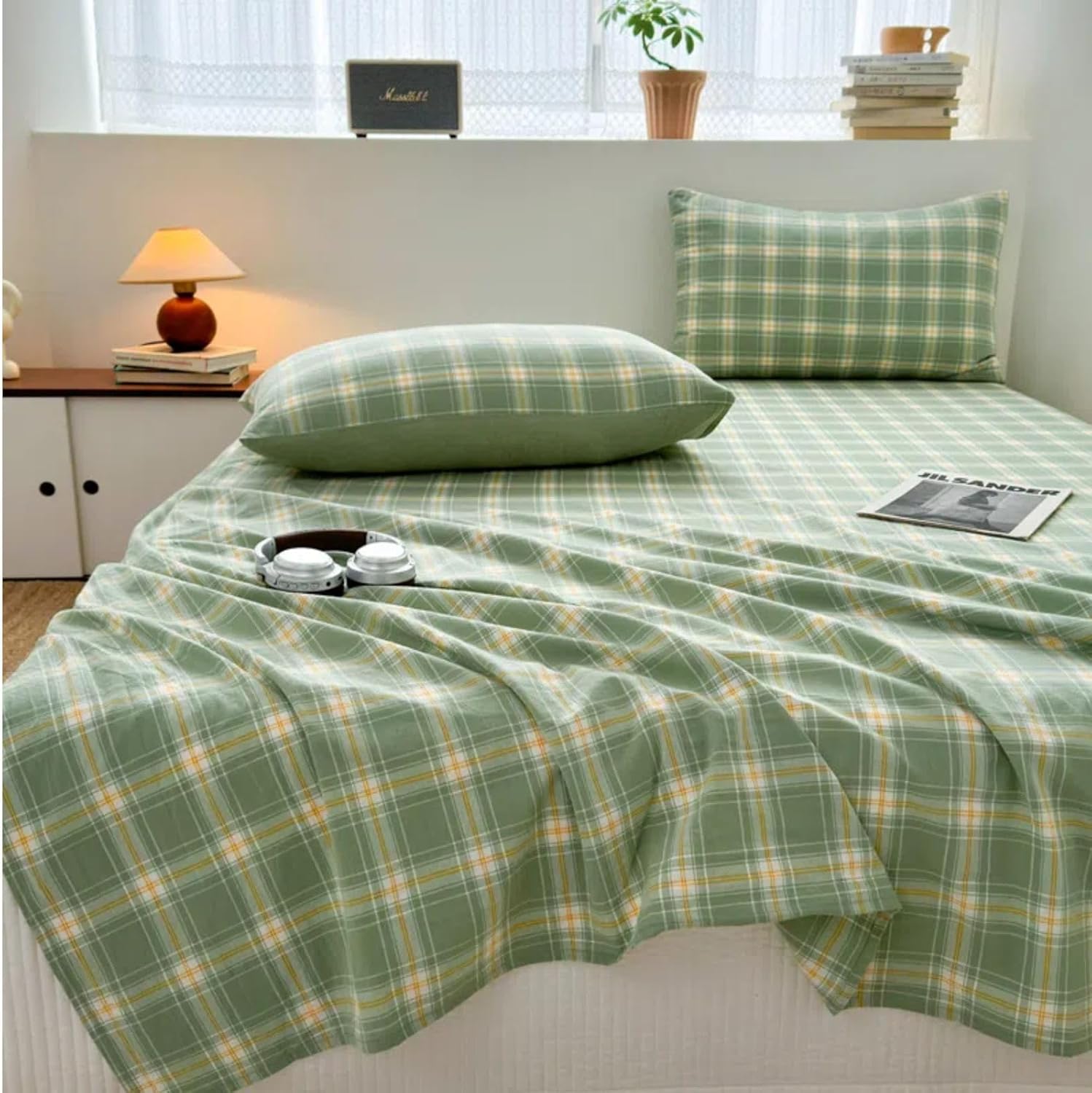 100% Cotton Gingham Sheets 3 Piece Bedding with 1 Flat Sheet & 2 Pillowcases Kids Girls Boys Teens Soft Comfy Bed Sheet for Home School College Gift(Blue Gingham,Toddler 47‘’x91'')