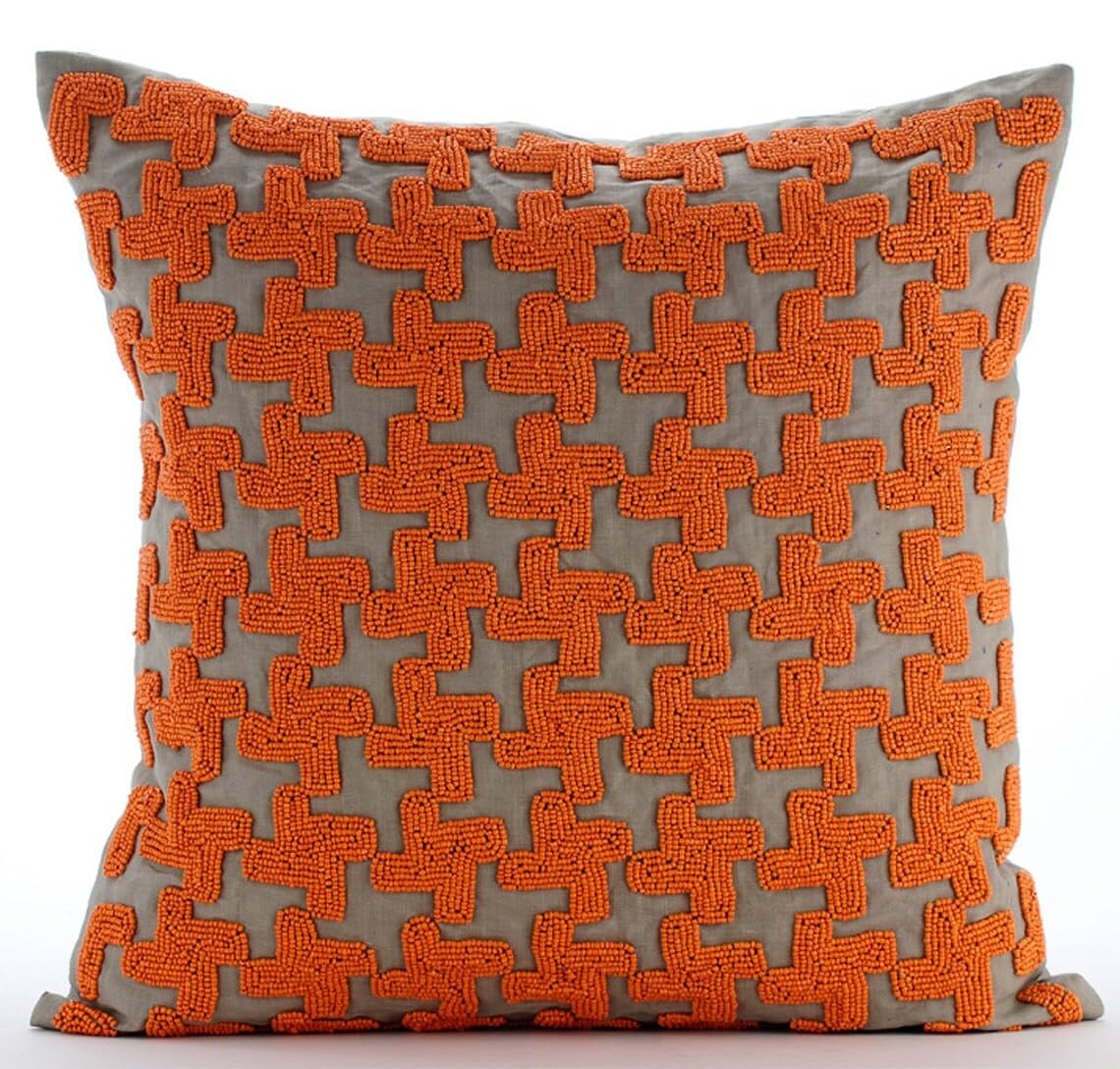 The HomeCentric 55x55 cm (22x22 inch) Decorative Cushion Covers, Orange Throw Cushion Covers, Orange Beaded Lattice Trellis Cushions Cover, Art Silk Square Cushion Cases - Orange Terracota โ image 1