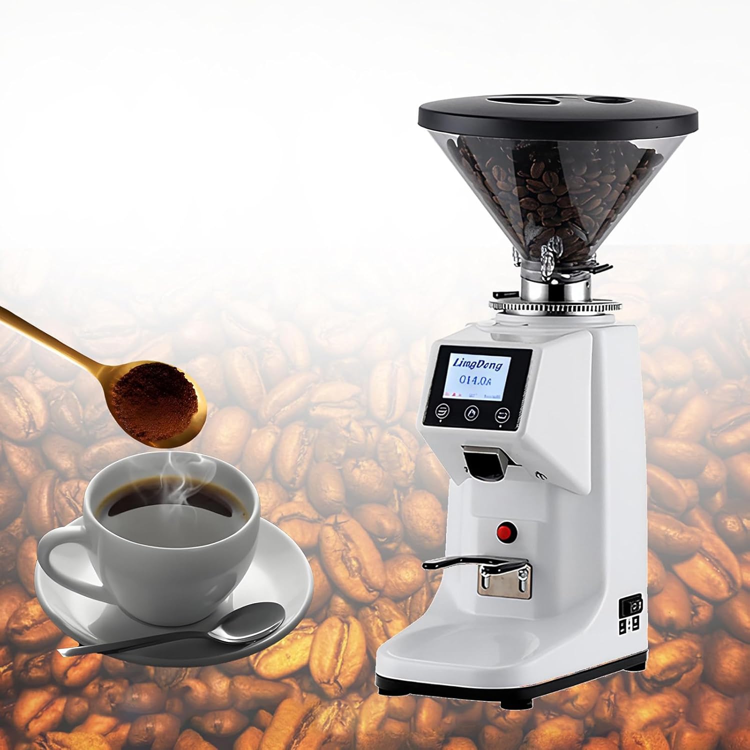 Professional Electric Coffee Grinder with 60mm Flat Burr – 17.6/52.8 Oz Bean Hopper, 19 Infinite Grind Settings, Touch Screen Display, Ideal for Cafés & Home Use 500ml-White