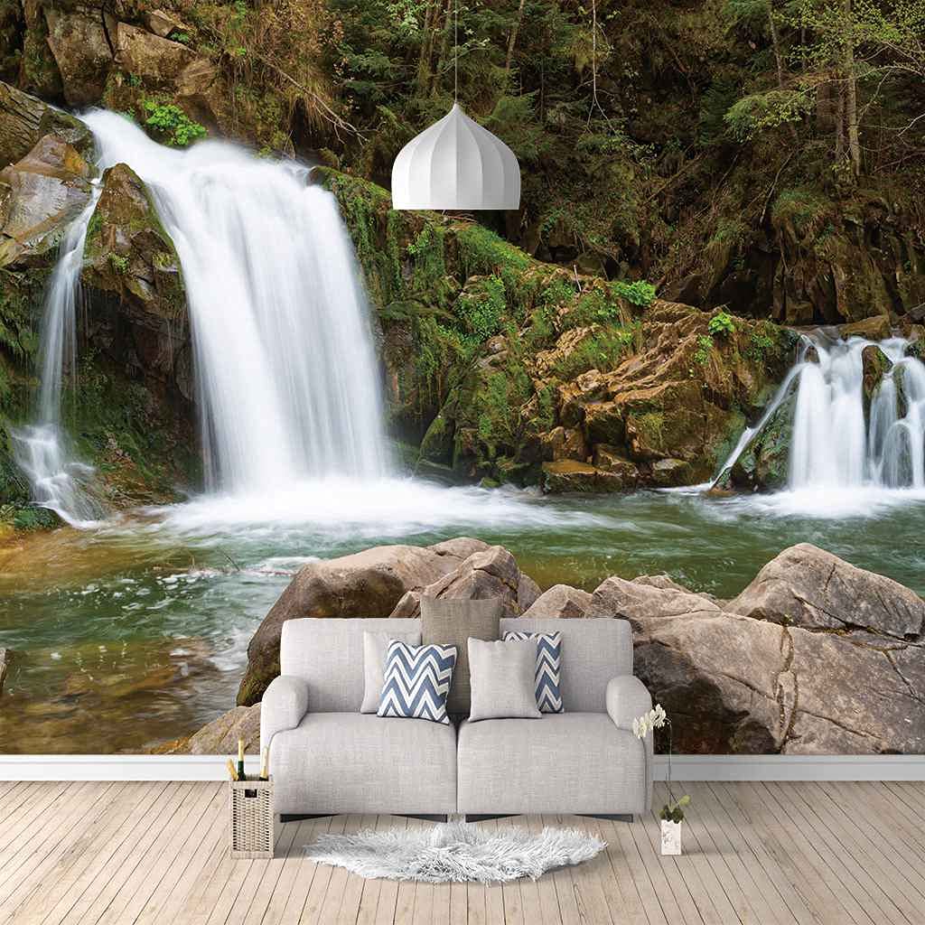 Papier peint cascade forêt 3D trompe l'œil poster mural auto-adhésif 350x256