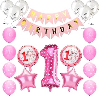 KATELUO Globos de Cumpleaños 1 Año, 1er Cumpleaños Bebe Globos Decoracion, 1 Año Bebe Niña Niño Globos Rosado Azul de Cumpleaños con Banner de Feliz (Rosado)