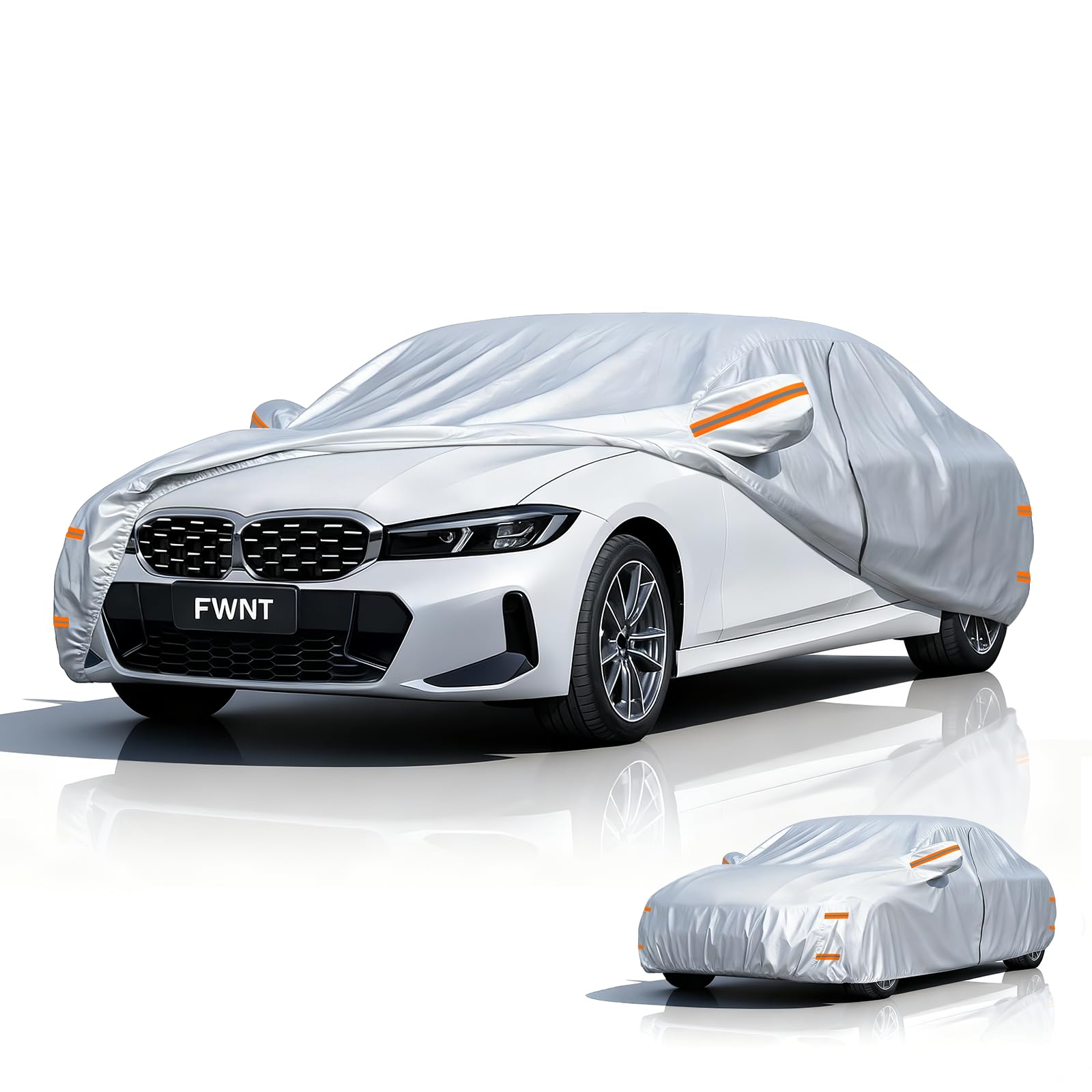 Autoabdeckung Wasserdicht Atmungsaktiv, Vollgarage Autoplane für Staub Sonne Schutz, mit Kratzfester Innenfutter und Reißverschluss für Limousine (470-490 cm) - Silber