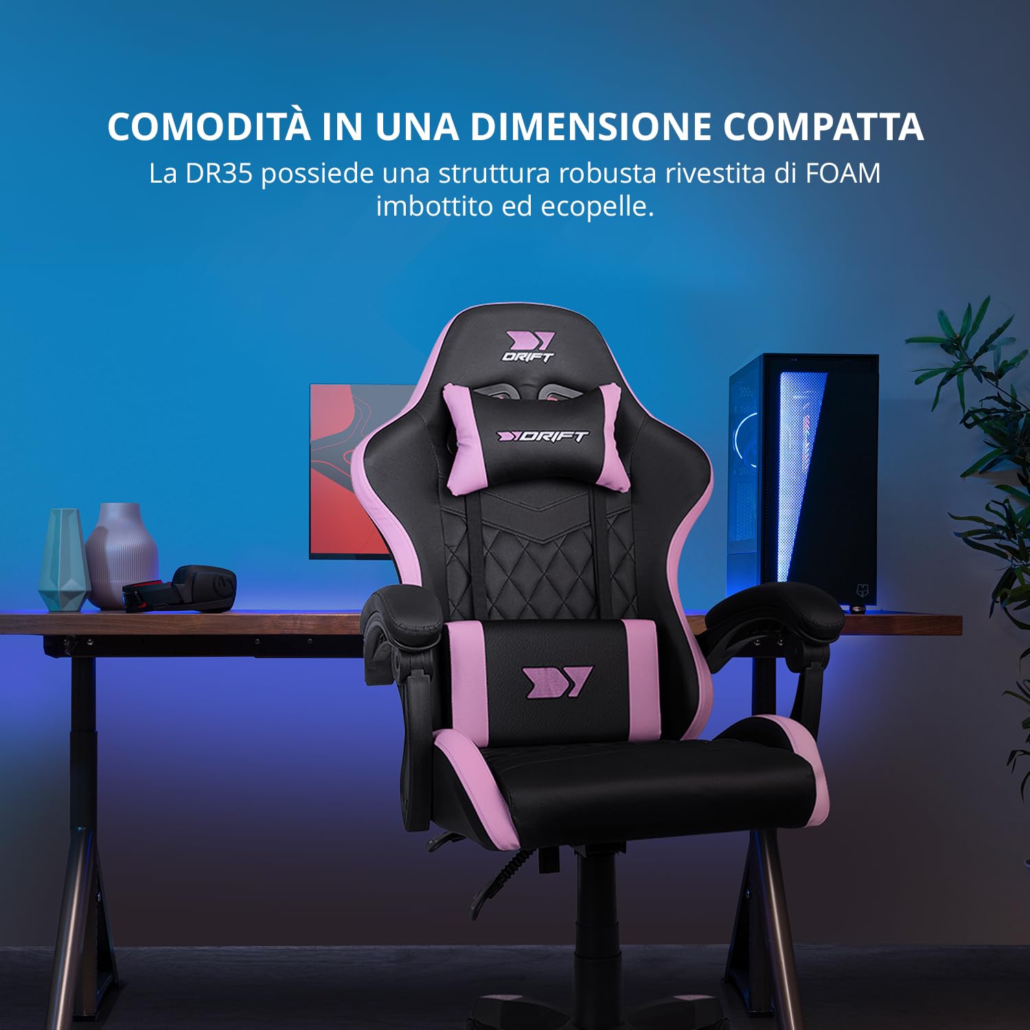 DRIFT GAMING DR35 – Sedia Gaming Ergonomica Professionale con Braccioli 2D Regolabili, Supporto Lombare e Cervicale, Reclinabile a 135°, Rivestimento in Pelle Sintetica, Ruote Silenziose, Nero-Rosa