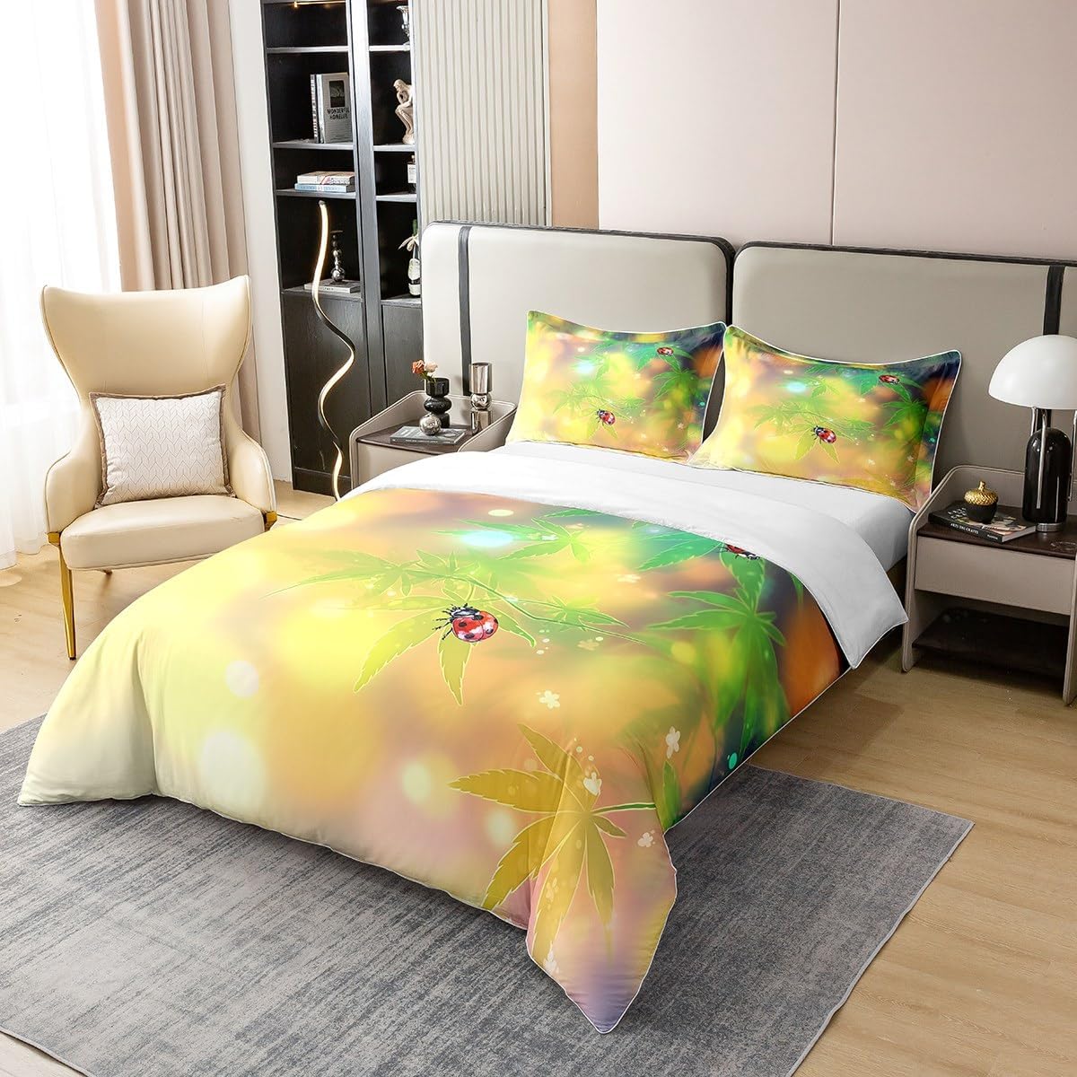 100% Cotton Spring Ladybug Duvet Cover Full Size,Green Maple Leaves Botanical Plants Comforter Cover (Not Comforter),Rustic Jungle Theme Watercolor Tie Dye Super Soft Bedding Bedroom Decor