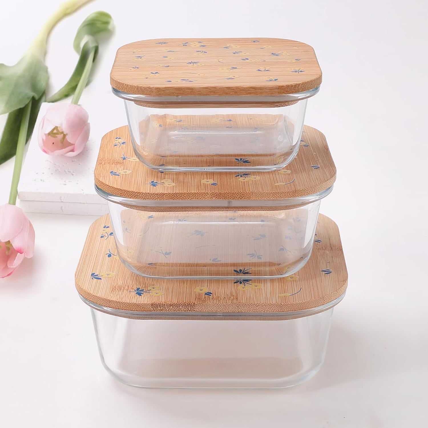 Kuber Industries Pack of 3 Borosilicate Glass Kitchen Containers with Bamboo Lid | 310ml 510ml 800ml | Airtight Square Fridge Storage Boxes | Glass Jars for Cereal, Dry Fruits | Happy Dance Print