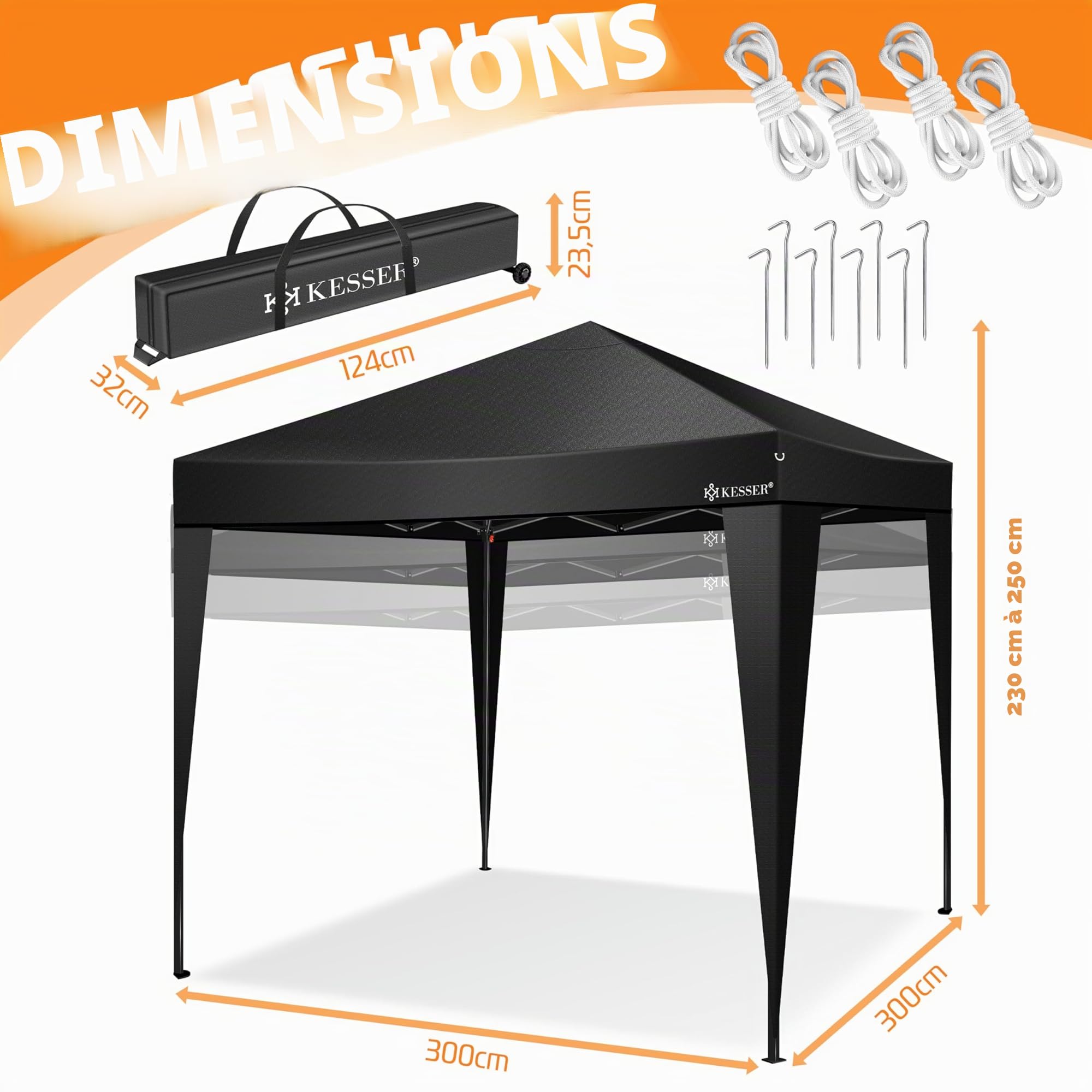 KESSER® Pavillon Pliable 3x3m | Pop-Up Réglable en Hauteur Stable Etanche Résistant à l'hiver | Protection UV 50+ y Compris Sac avec roulettes & ancrage au Sol - Noir/Noir