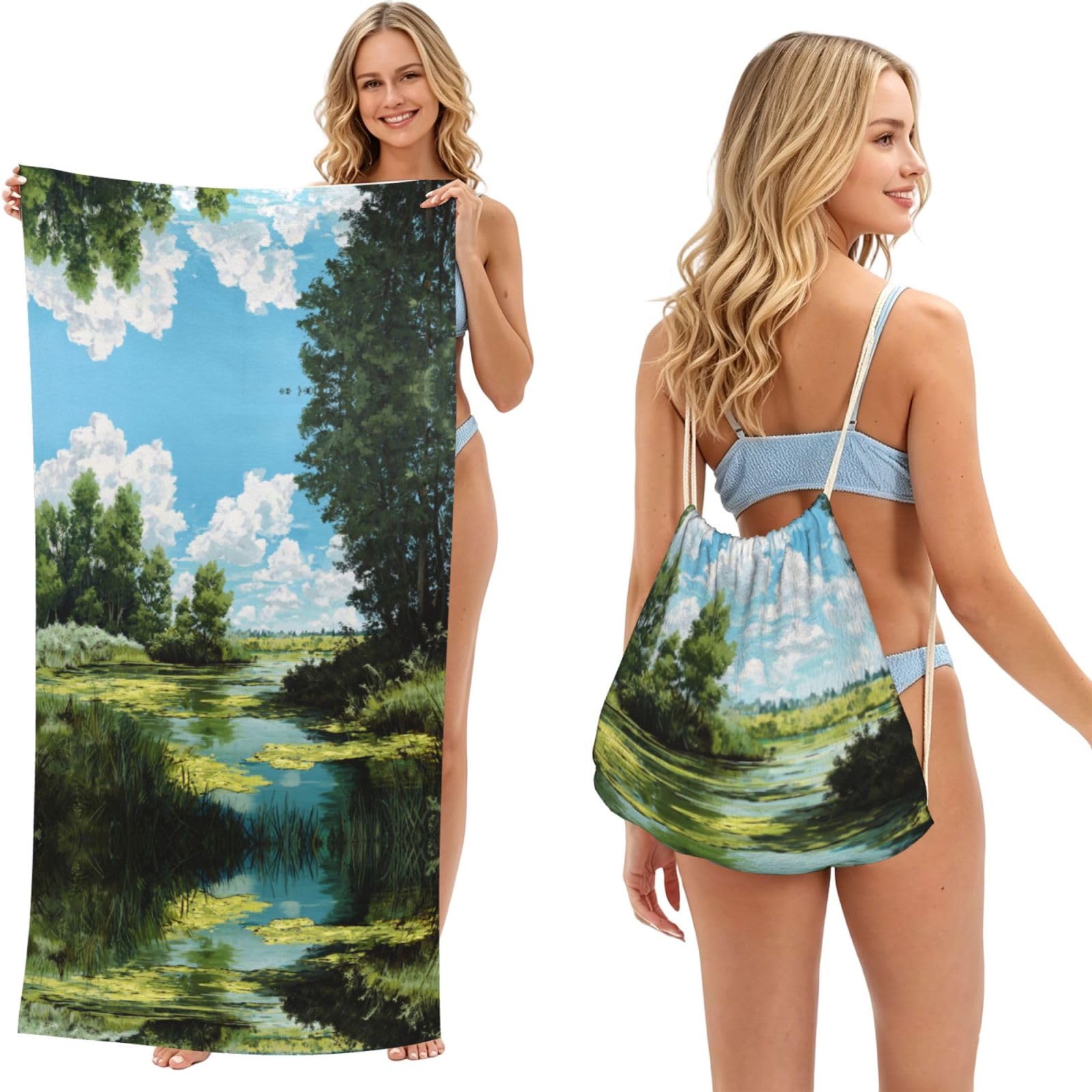 ESNAIUVCD Wetland Scenery Print Beach Towel For Adults,Towel With Drawstring Bag, Travel Pool Swimming Sports Shower Sand Free Quick Dry Bath Towel For Pool, Beach, Yoga- 180x60cm