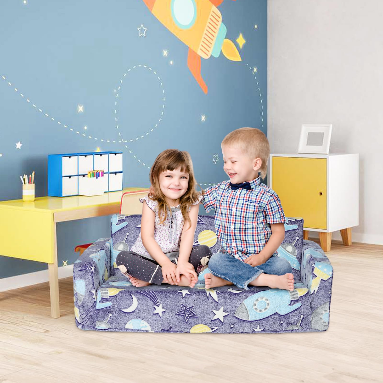 Divano Letto Pieghevole Per Bambini 2-in-1 - Razzo Spaziale, Velluto Pelle Di Pesca, Tasca Laterale, Per Camera Kids