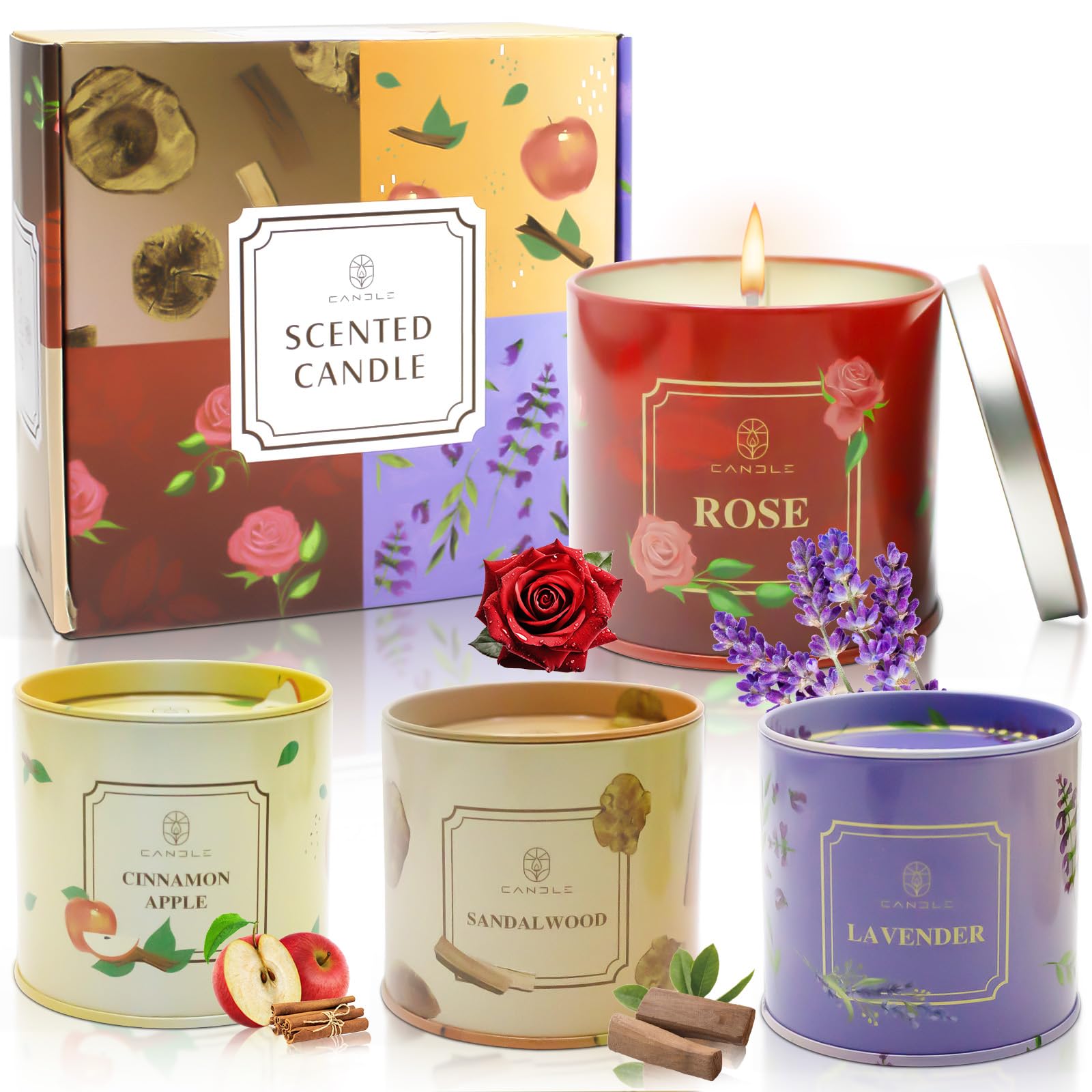 Scented Candles 4 Pack Soy Wax Long Lasting Rose Lavender Sandlawood Apple Fragrance Gifts for Women Mother's Day Thanksgiving Day Christmas Day