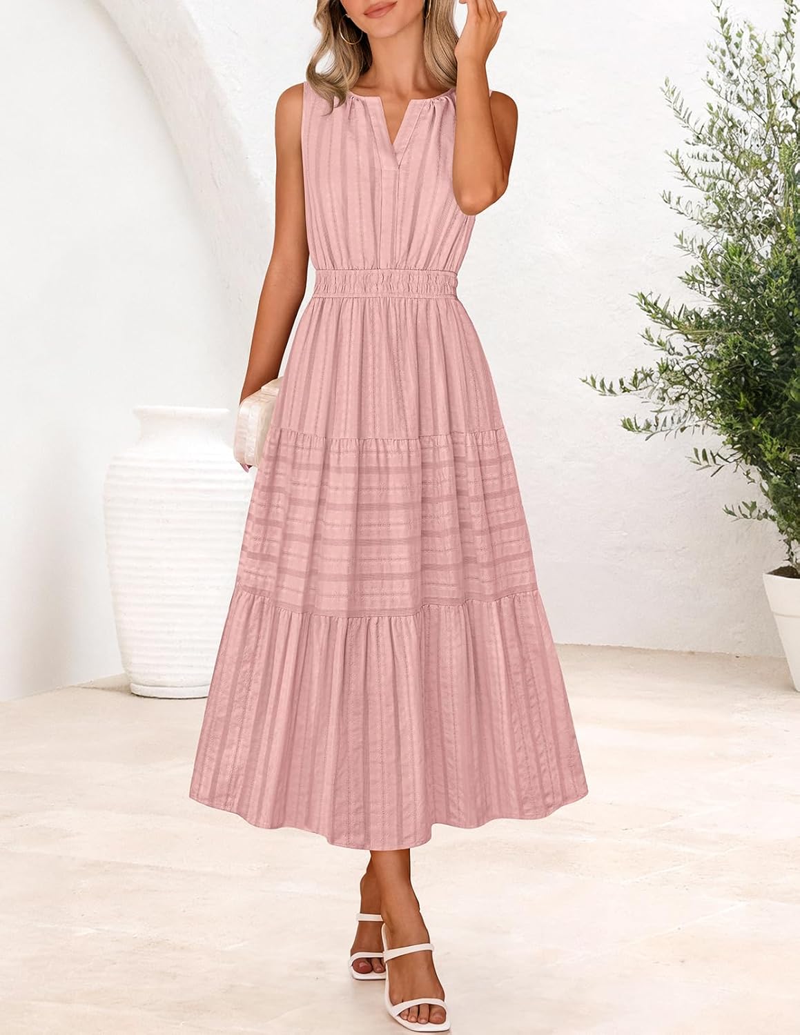 MEROKEETY Spring Summer Midi Dresses for Women 2026 Casual Beach Vacation Sleeveless Boho V Neck Cotton Maxi Dress Pockets - Image 7