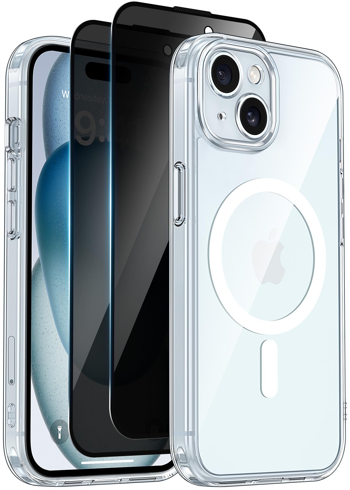 Helssitot Coque Magnétique pour iPhone 15 avec 2 Verre Trempé Anti-Espion Compat