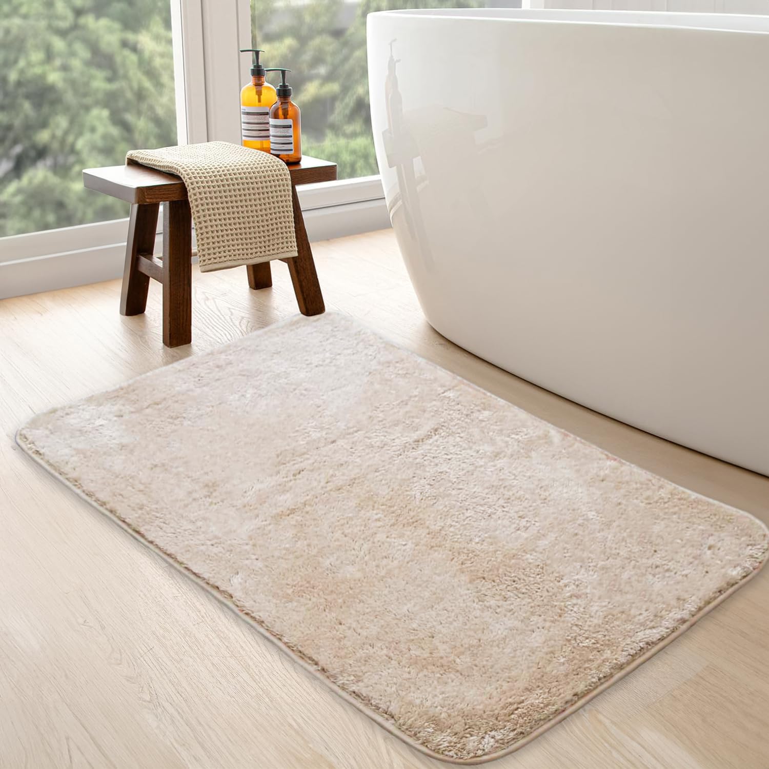 Bonny Home Beige rutschfeste Badematte 80x150| Plüsch Badteppich | Weiche Bad- und Duschvorleger