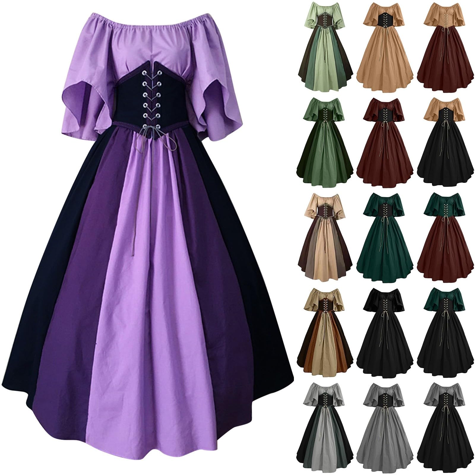 Womens Renaissance Costume Vintage Elegant Lace up Halloween Gown Princess Dress with Corset Medieval Evening Party Prom Cocktail Swing Victorian Dresses for Ladies