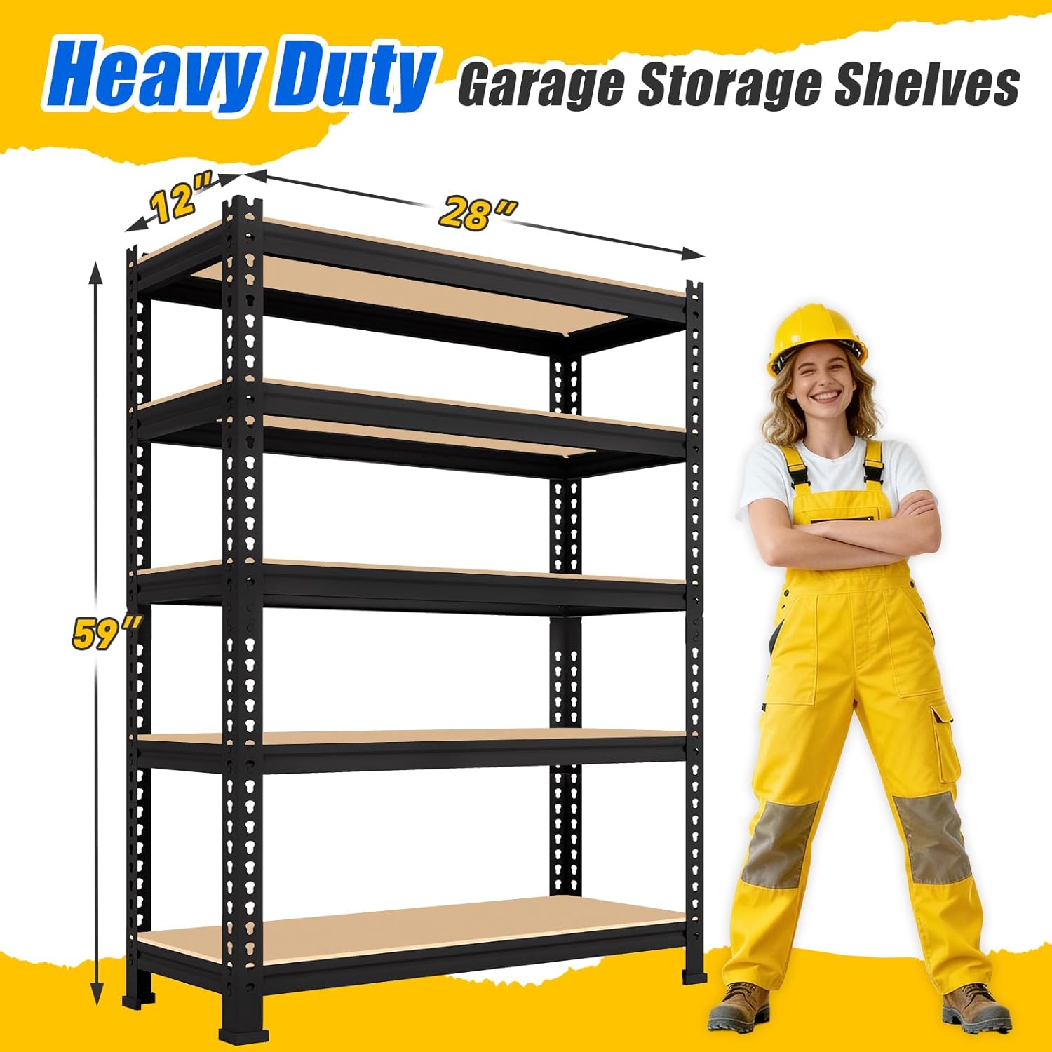 5-Tier Metal Storage Shelves: Heavy Duty Garage Shelving Adjustable Shelves for Storage - Black Utility Rack Shelf for Pantry, Warehouse, Closet, Office, Kitchen, 28" W x 12" D x 59" H