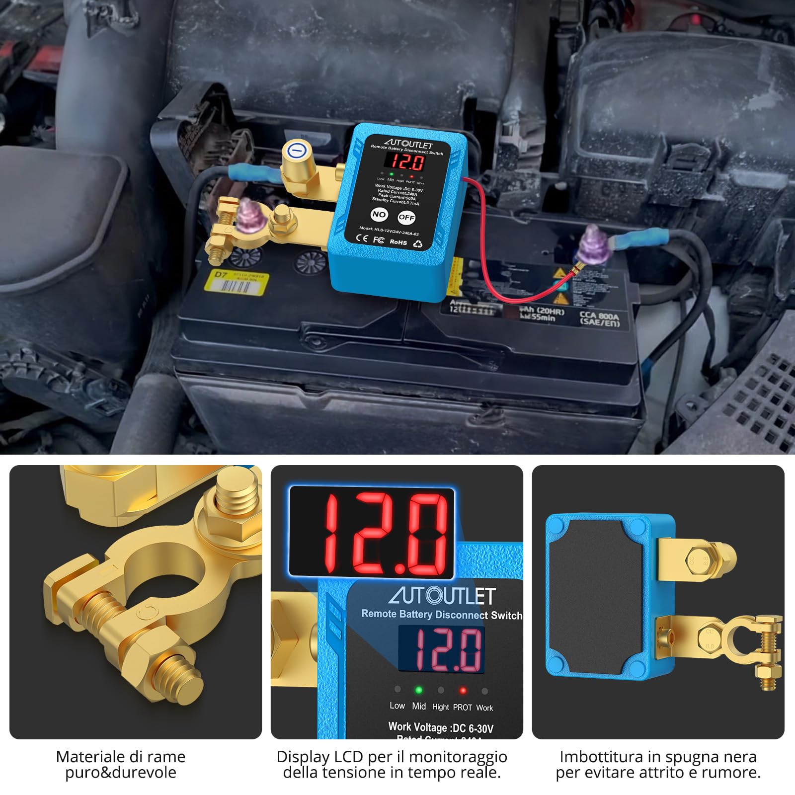 AUTOUTLET Stacca Batteria per Auto DC 6V-30V 240A, Sezionatore Auto Remoto Senza Fili con Telecomando e Chiave Inglese per Camion Barca RV Roulotte,Display LCD e Spegnimento Automatico