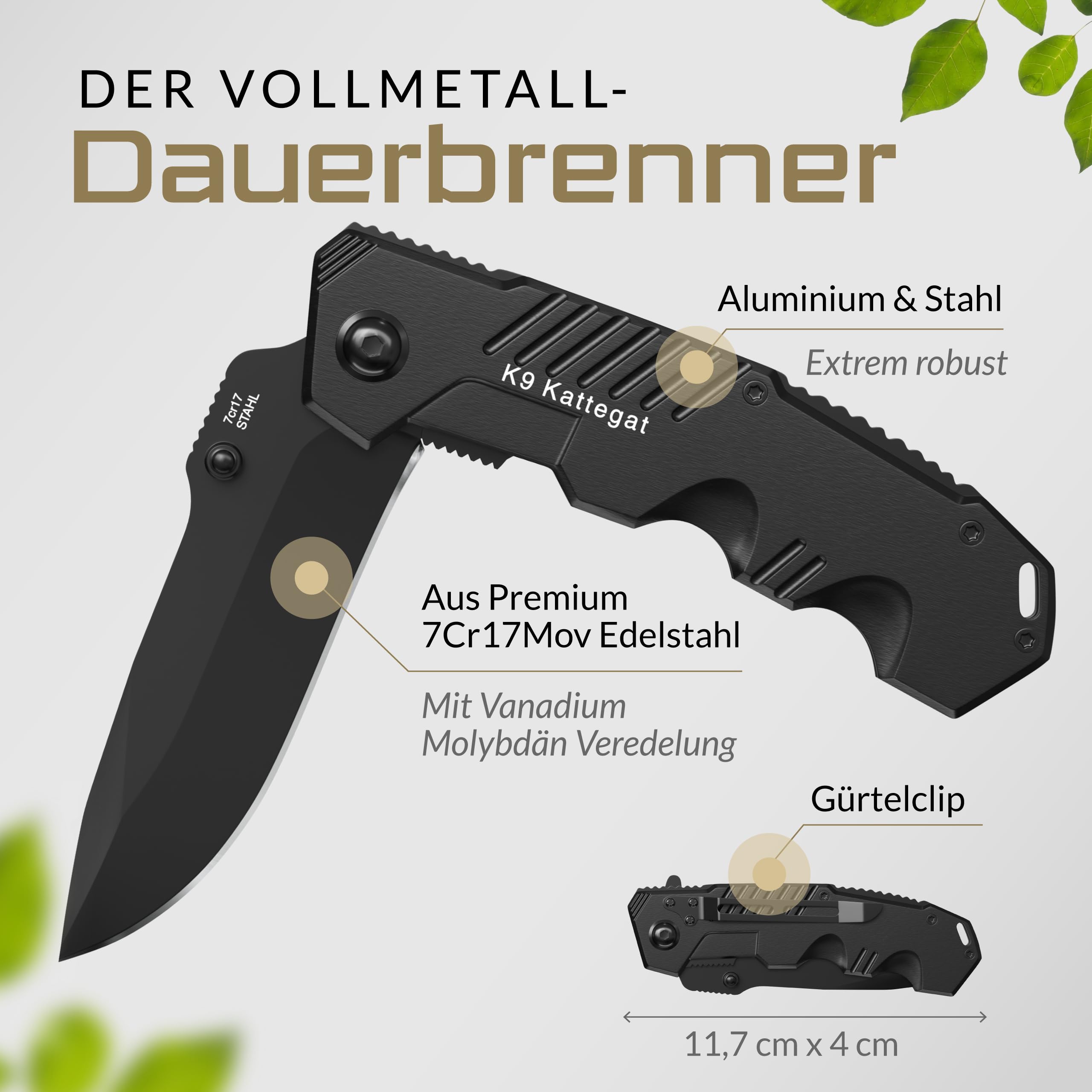 BERGKVIST® K9 Klappmesser für Outdoor & Survival [Einhandmesser] | scharfes Taschenmesser mit Edelstahlklinge, Feuerstahl & Gürteltasche, Vollmetall, schwarz