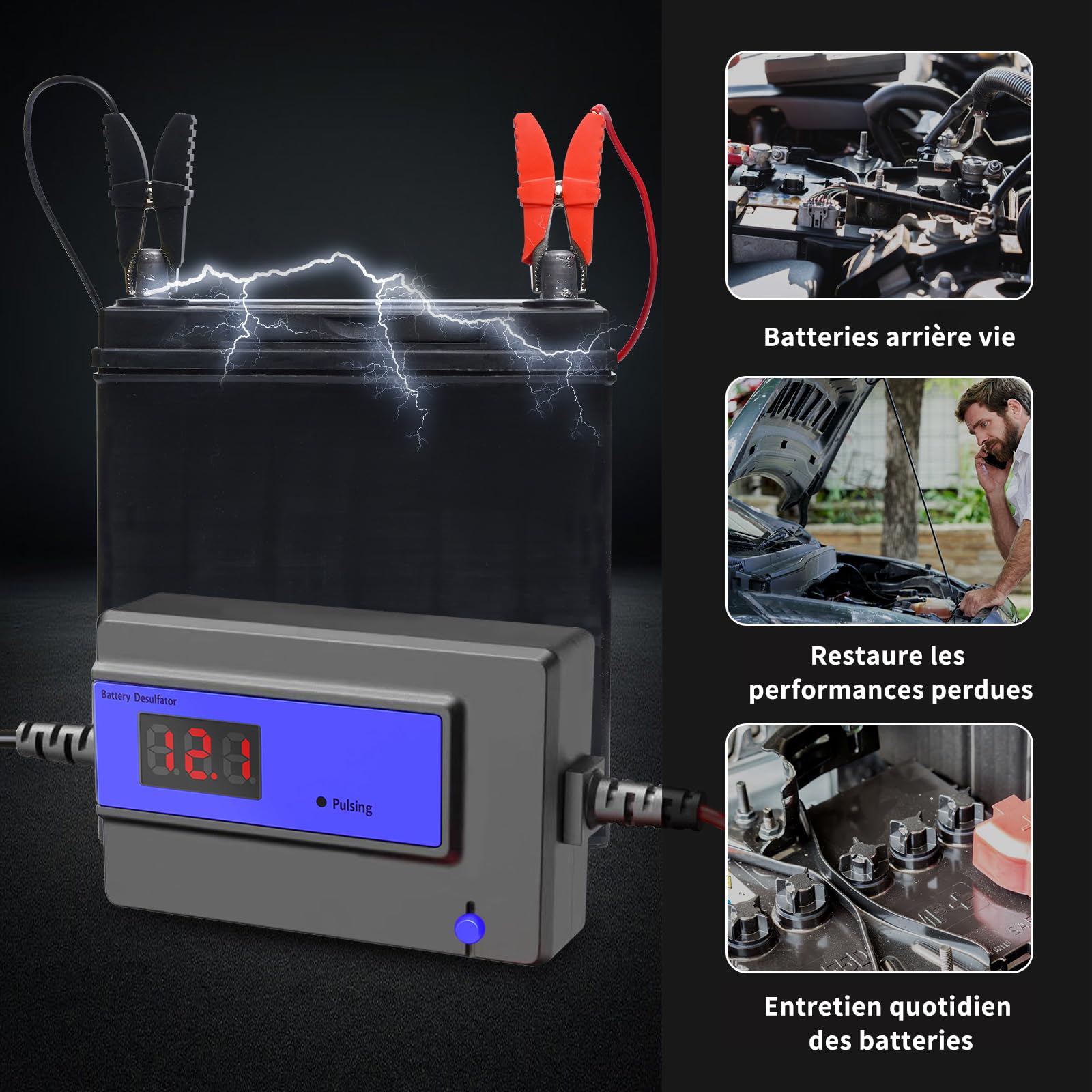 Désulfateur Automatique de Batterie pour Batteries Plomb-Gel AGM SLA，12-48V,400AH(Bleu)