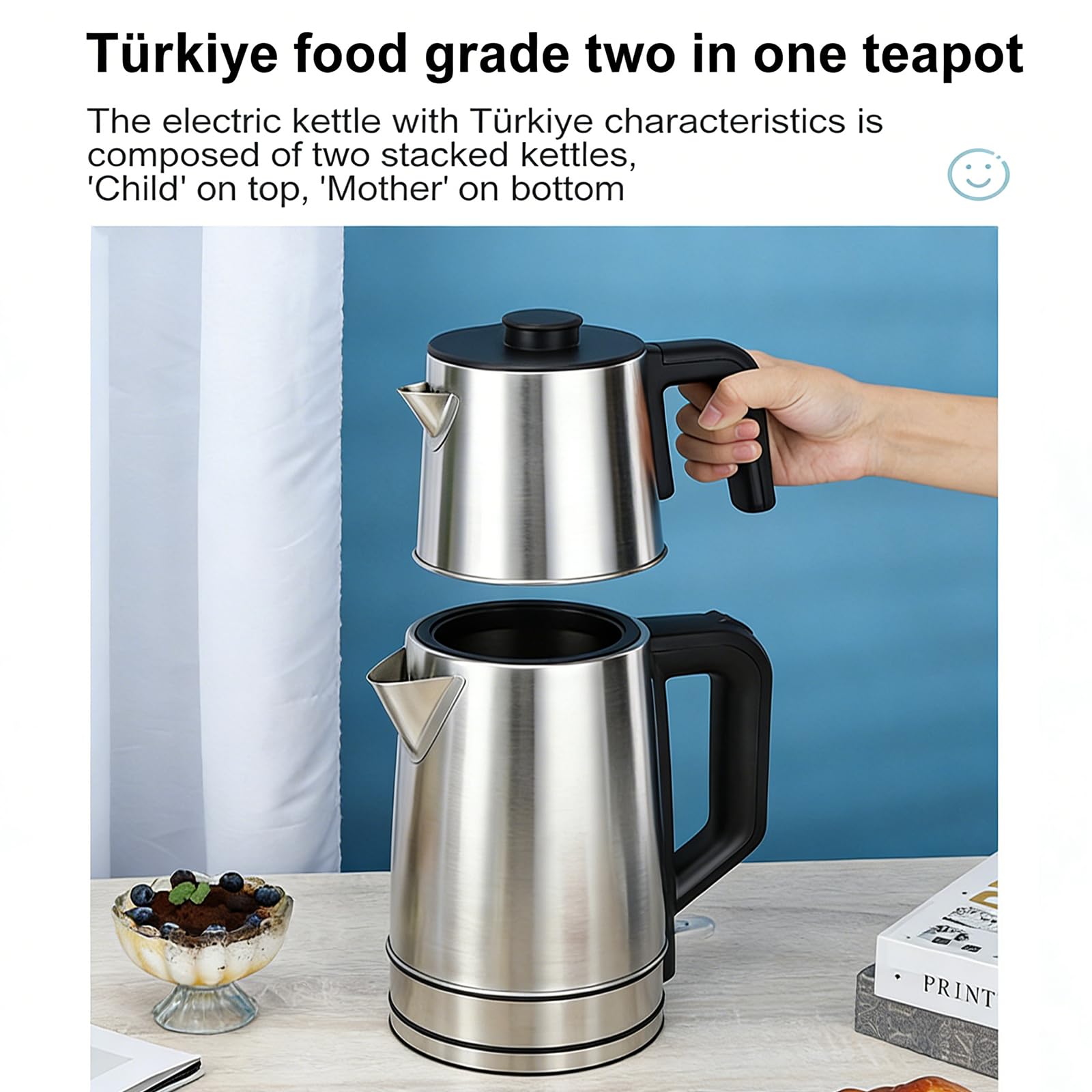 Turecki czajniczek elektryczny 2 l + 1,8 l, inteligentny zaparzacz do herbaty ze stali nierdzewnej, korpus obrotowy 360°, utrzymuje ciepło w temperaturze od 85 do 95°C, z filtrem do herbaty