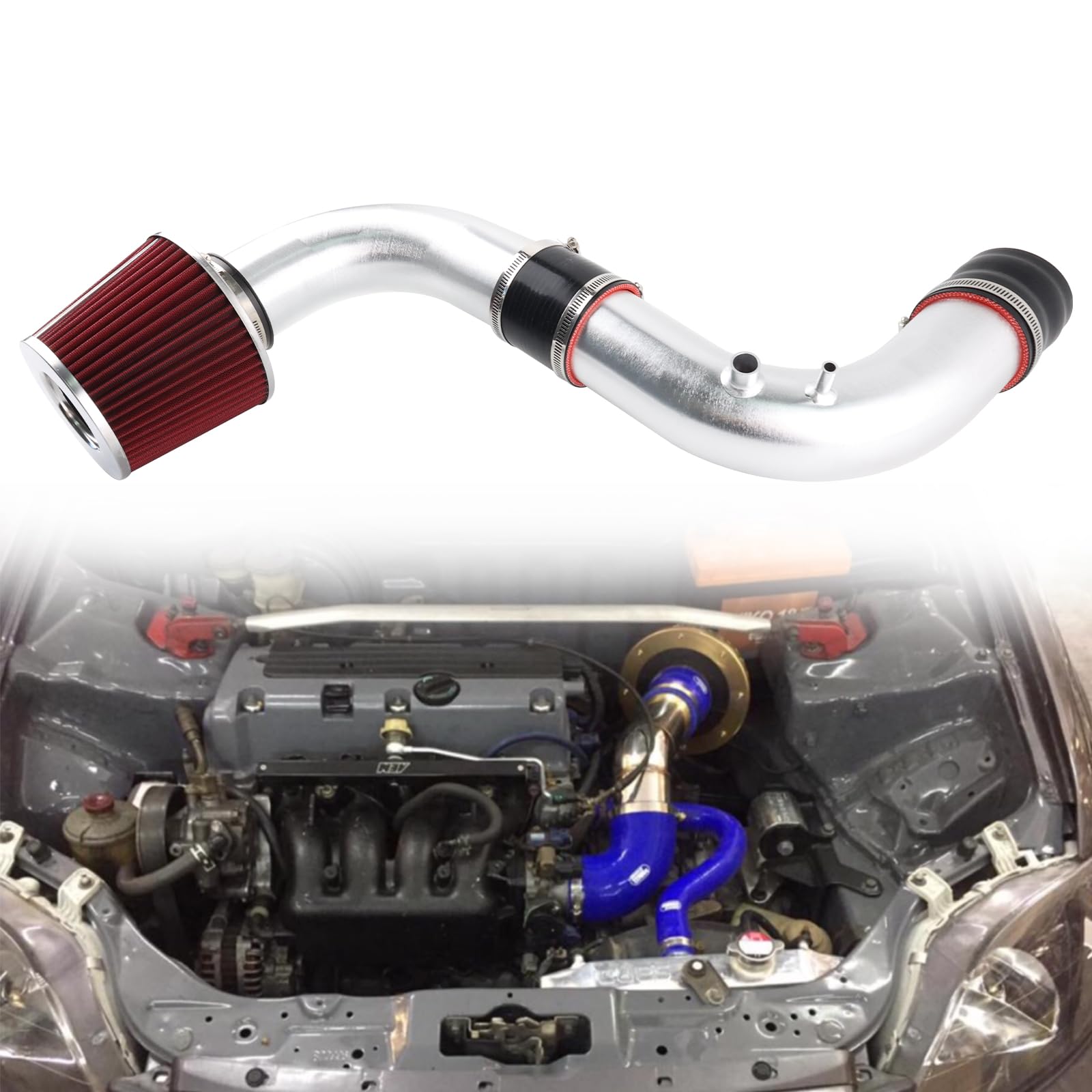 Entrada de aire frío compatible con motor K-Swapped Honda Civic EG EK e Integra DC2 K20 K24 tubo de aluminio pulido con filtro de alto flujo