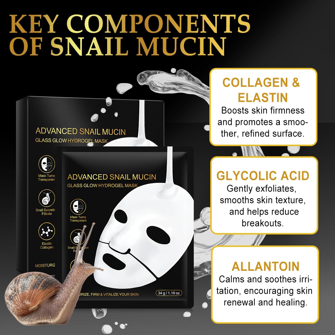 Snail Mucin Sheet Mask,Hydrogel Collagen Mask, Face Masks Skincare,Self Care, Stocking Stuffers - Image 3