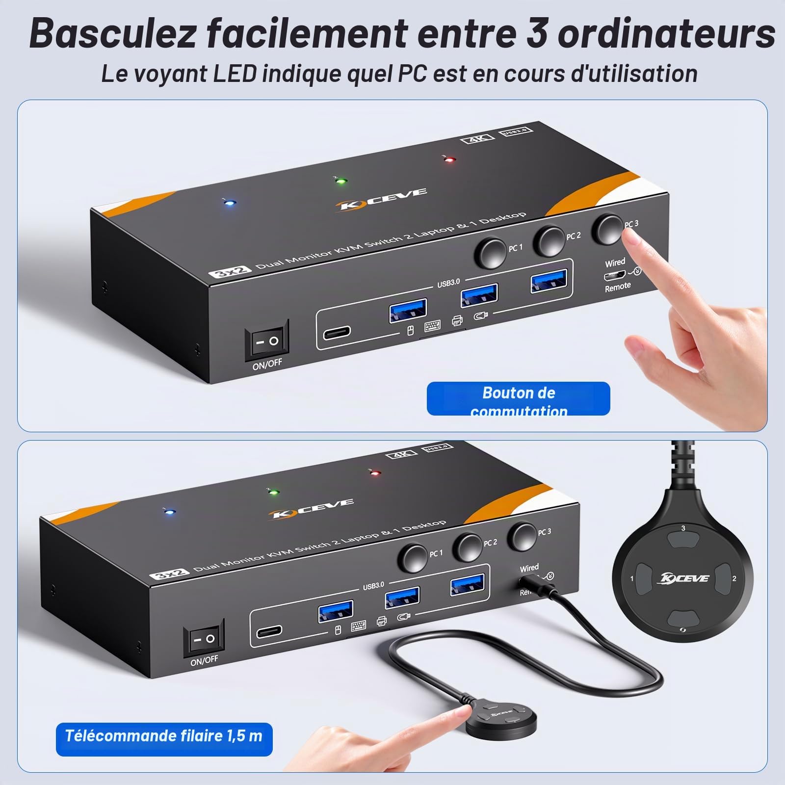 KVM Switch 3 PC 2 Monitor USB-C HDMI, USB 3.0 Dual Monitor Switch KVM pour 2 Laptops 1 Desktop Partagés Clavier Souris, 100W PD, 4K@60 Hz, Wired Remote(4K USB C HDMI 3 in 2 out KVM)