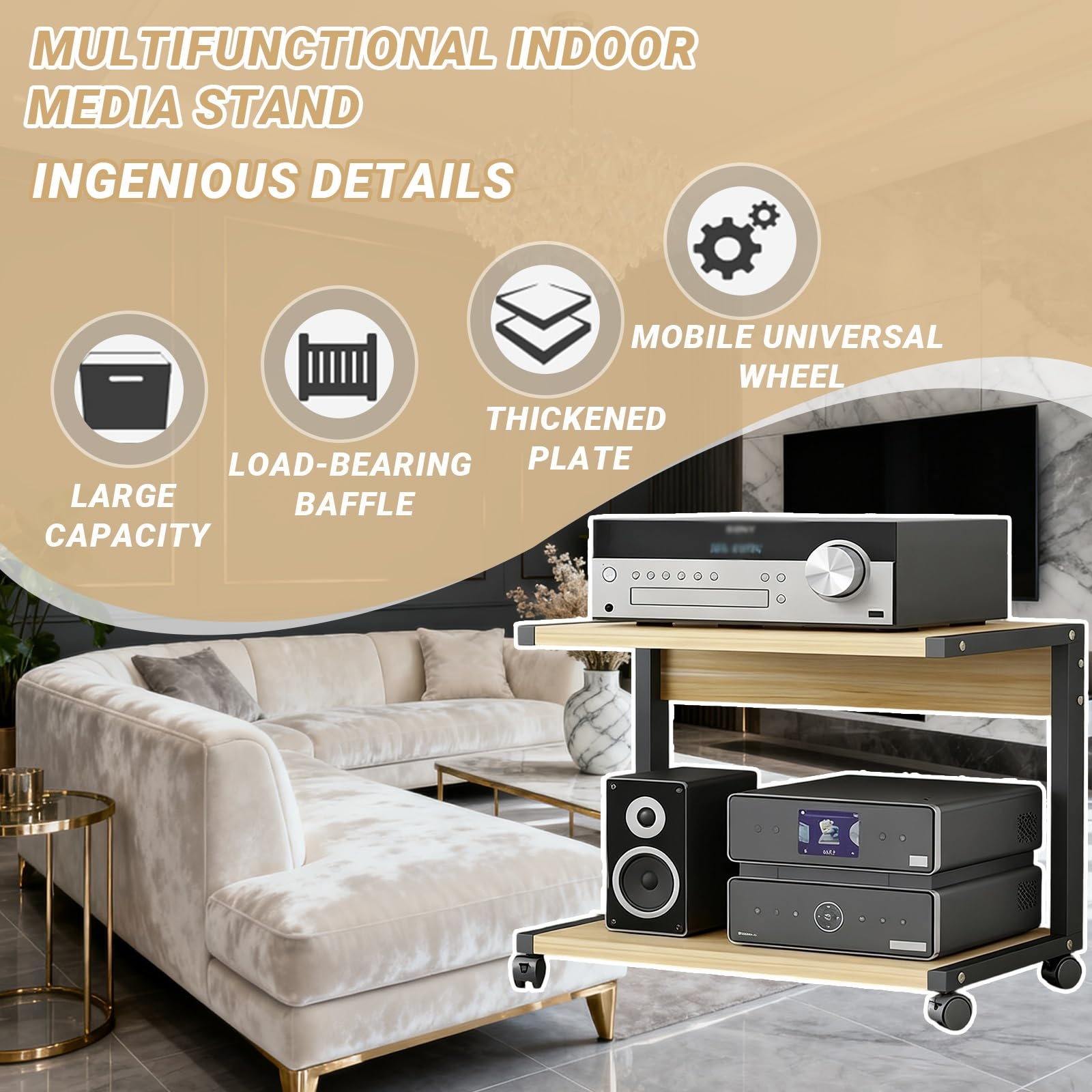 Mobile multimediale video a 2 livelli, con rotelle, rack audio AV, scaffale moderno per TV, piccolo ripiano mobile, adatto per bar di casa, KTV (nero, 50 x 40 x 30 cm)