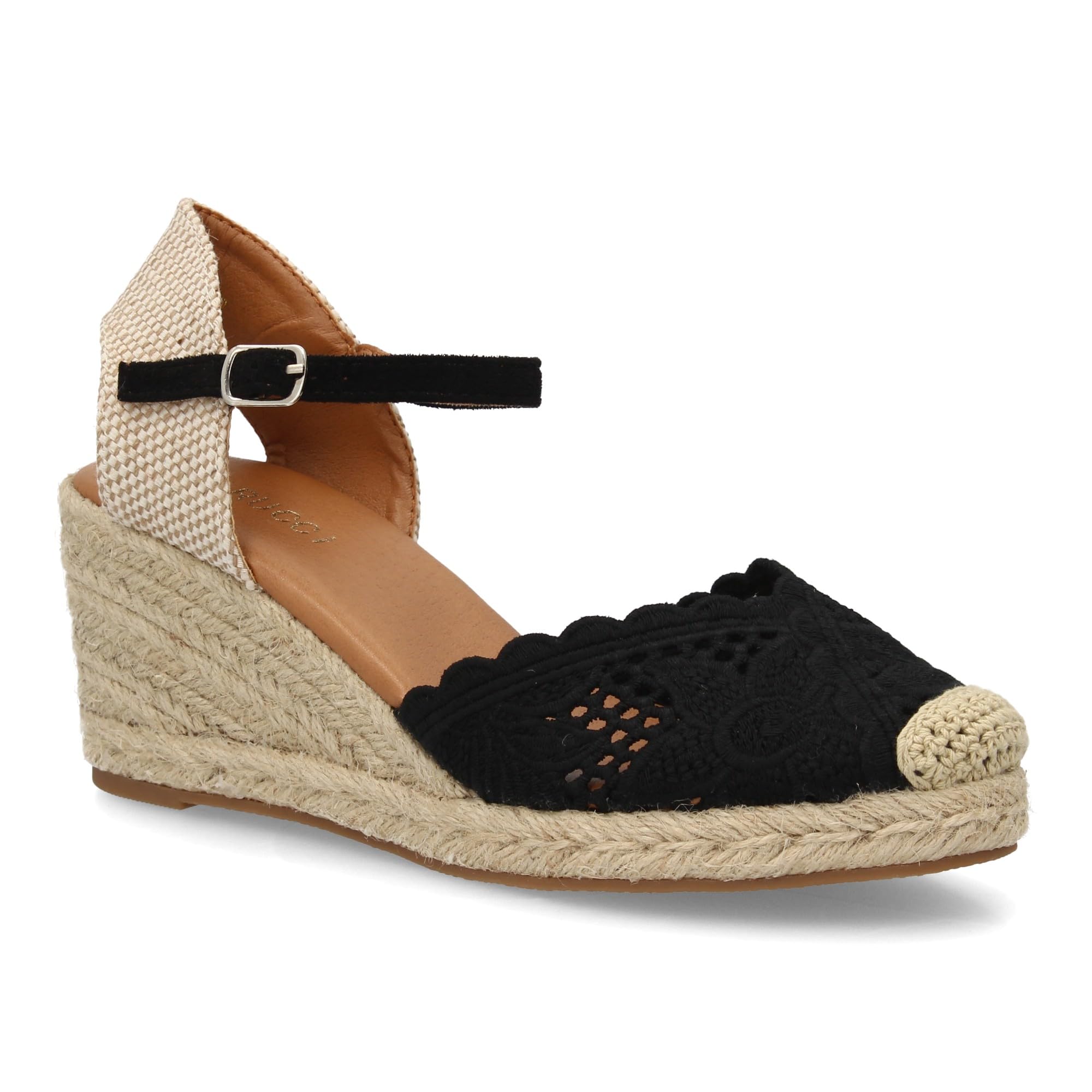 shoes&blues.es Alpargata de Mujer con Cuna de Esparto y Pala Bordada con Acabado Artesanal para Mujer, Cierre de Hebilla Ajustable, Diseno Calado en la Punta, Ideal Primavera Verano.