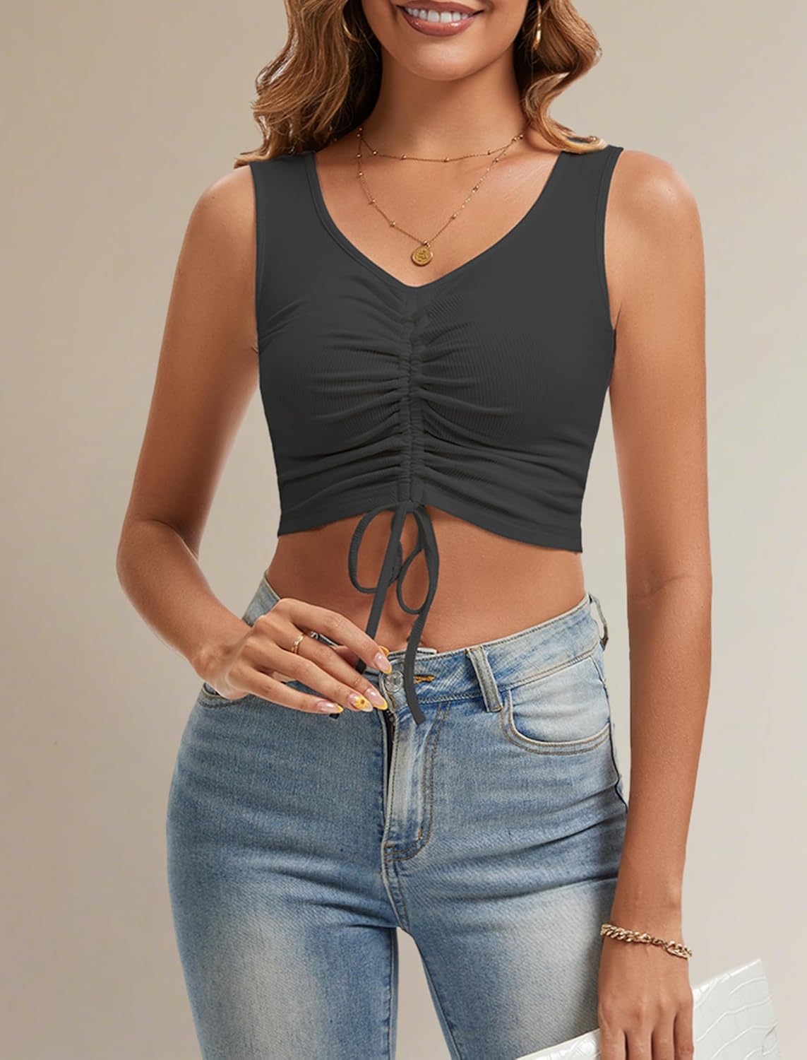 Tank Top for Women Sleeveless V Neck Ribbed Knit Crop Tops Trendy Summer Stretchy Cami Shirts - Image 5