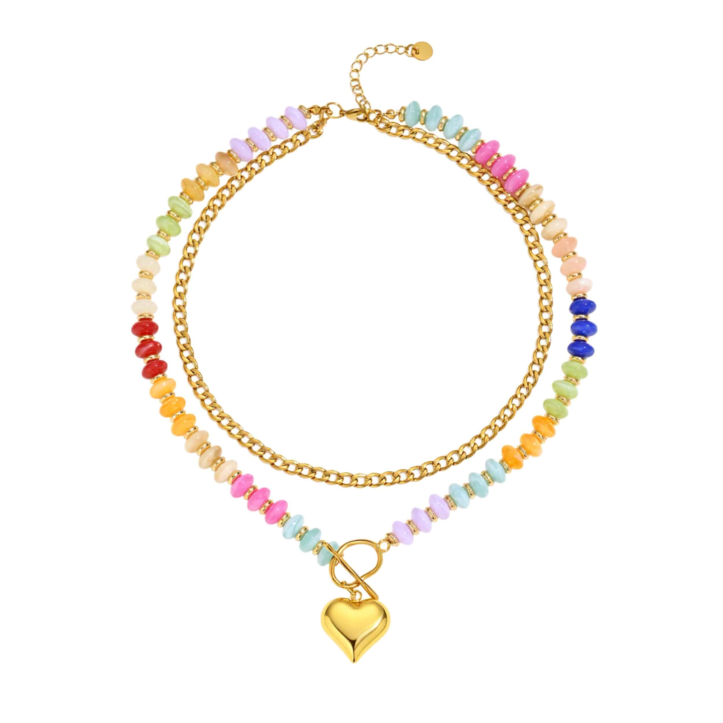 Colorful Beaded Layered Necklaces for Women Multicolor Acrylic Beaded Choker With Guba Chian Stack Cute 18k Gold Plated Heart Pendant OT Clasp Design, Summer Beach Boho Statement Jewelry