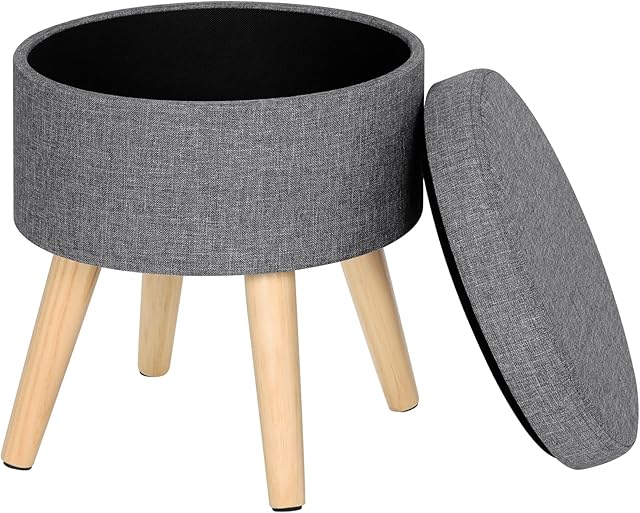 WOLTU Storage Ottoman Chair Stool Light Grey Upholstered Footstool Linen Round Pouffe Chair Multifunction with Removable Cover