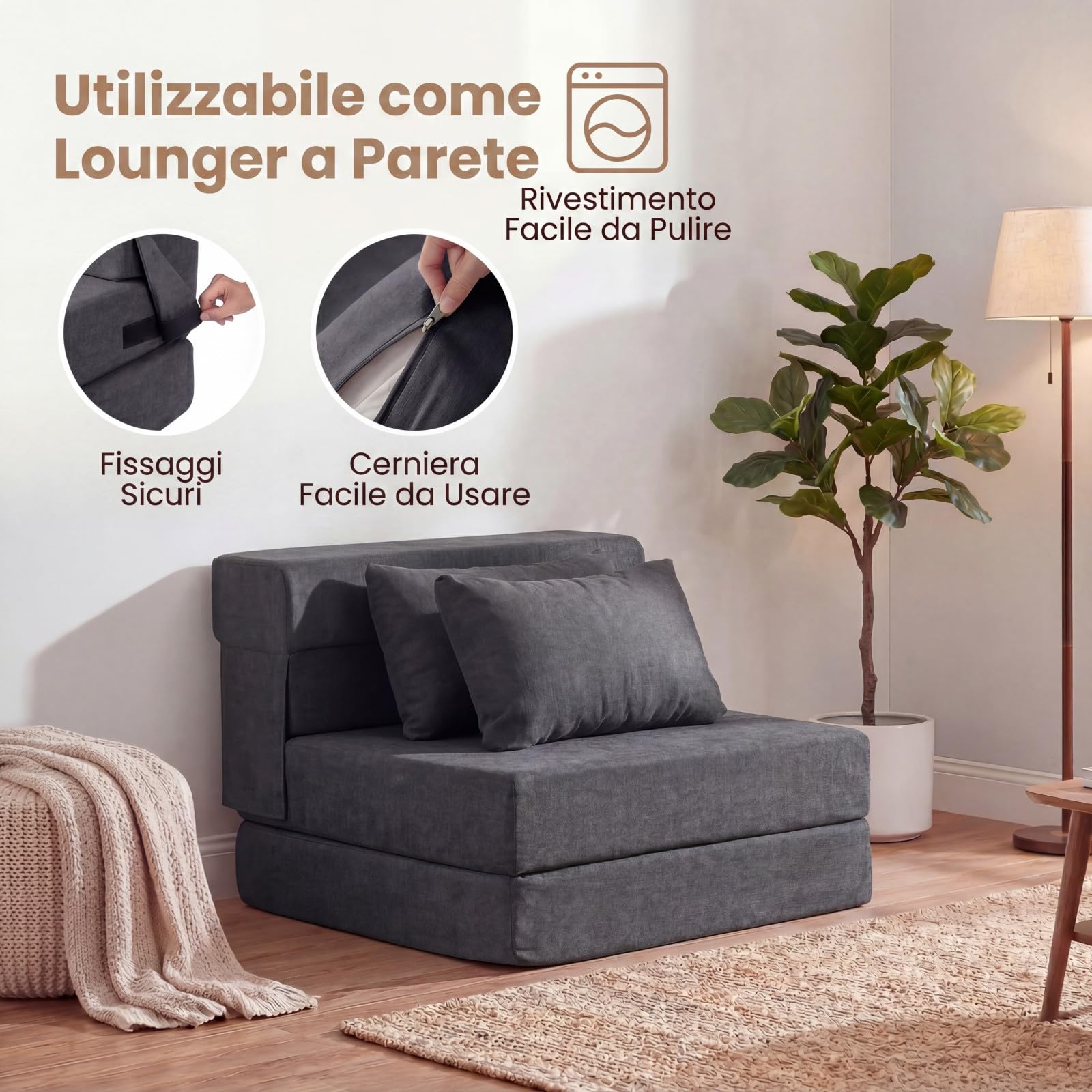 SOARS Divano Letto 2 Posti Pieghevole, 3 in 1 Divanetto Trasformabile con 2 Cuscini, Schiuma ad Alta Densità e Rivestimento in Tessuto Chenille, Poltrona Letto per Soggiorno (Grigio,72 x 76 x 58 cm)