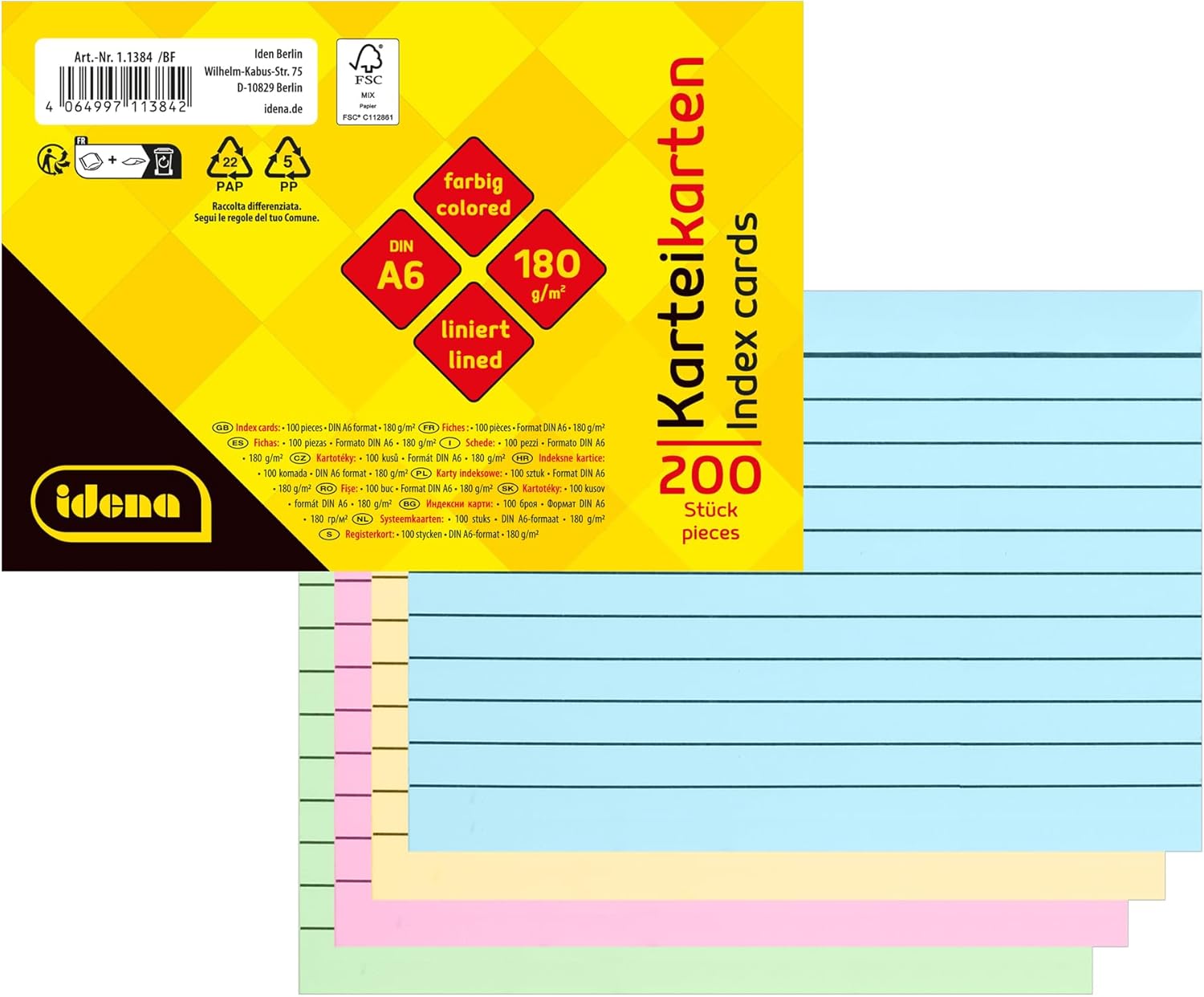 Idena 11384 - A6 Sheets, 200 pieces, ruled, FSC-Mix paper learning cards 180 g/m² in 4 colours, for school and office