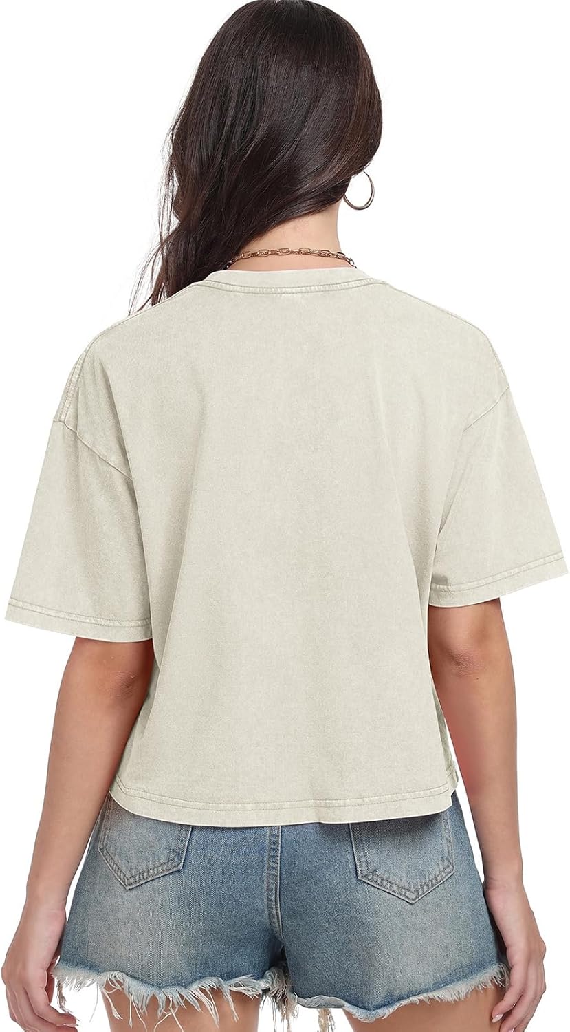 Womens Cropped Tops Acid Wash Short Sleeve T-Shirt Baggy Cotton Tee Vintage Round Neck Basic Tees Casual Shirts - Image 6