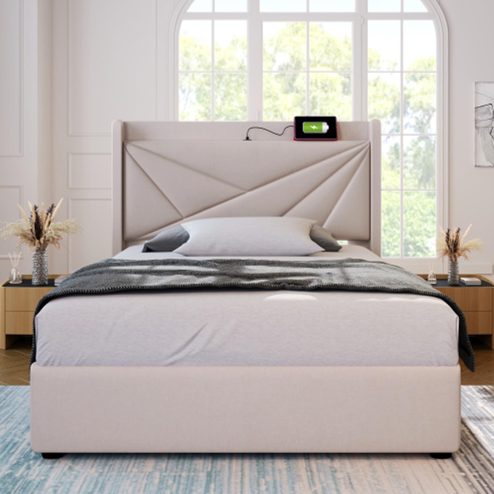 Letto Imbottito Con Testiera Con Funzione Di Ricarica USB Tipo C Letto Contenitore Box Letto Giroletto Materiale Di Lino Letti Per Ragazzi Per Adulti Letto Per Gli Ospiti Beige 90x200 Con Materasso