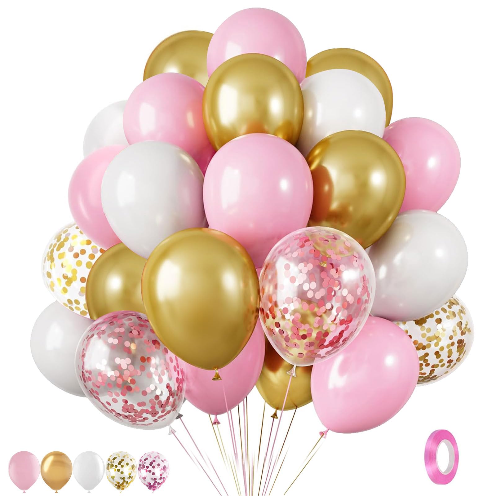 35Pcs Pink and Gold Balloons Set - 12 Inch Light Pink White Gold Confetti Latex Balloons Kit for Princess Baby Shower Girl Birthday Party Decorations