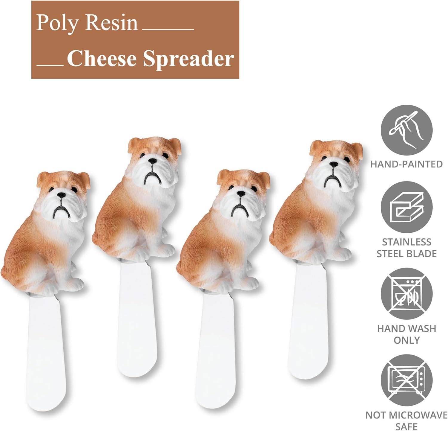 Supreme Housewares Bulldog Cheese Spreaders, Hand-Painted Resin Handles with Stainless Steel Blades for Spreading Cream Cheese, Butter, Jam, or Sandwich, Set of 4
